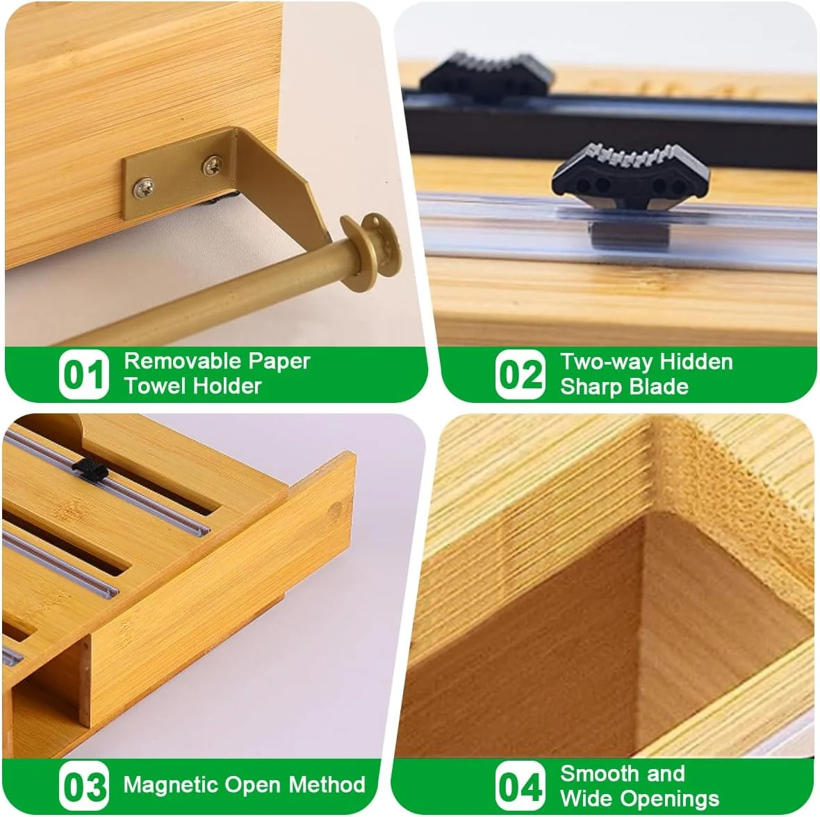 نگهدارنده روکش پلاستیکی Cestbella، سازمان دهنده فویل آلومینیومی بامبو 4 در 1 با برش کشویی و برچسب، نصب دیواری کاغذ روغنی، کاغذ مومی، نگهدارنده فیلم استرچ برای کشوی آشپزخانه، مناسب برای رول 13 سانتی متری