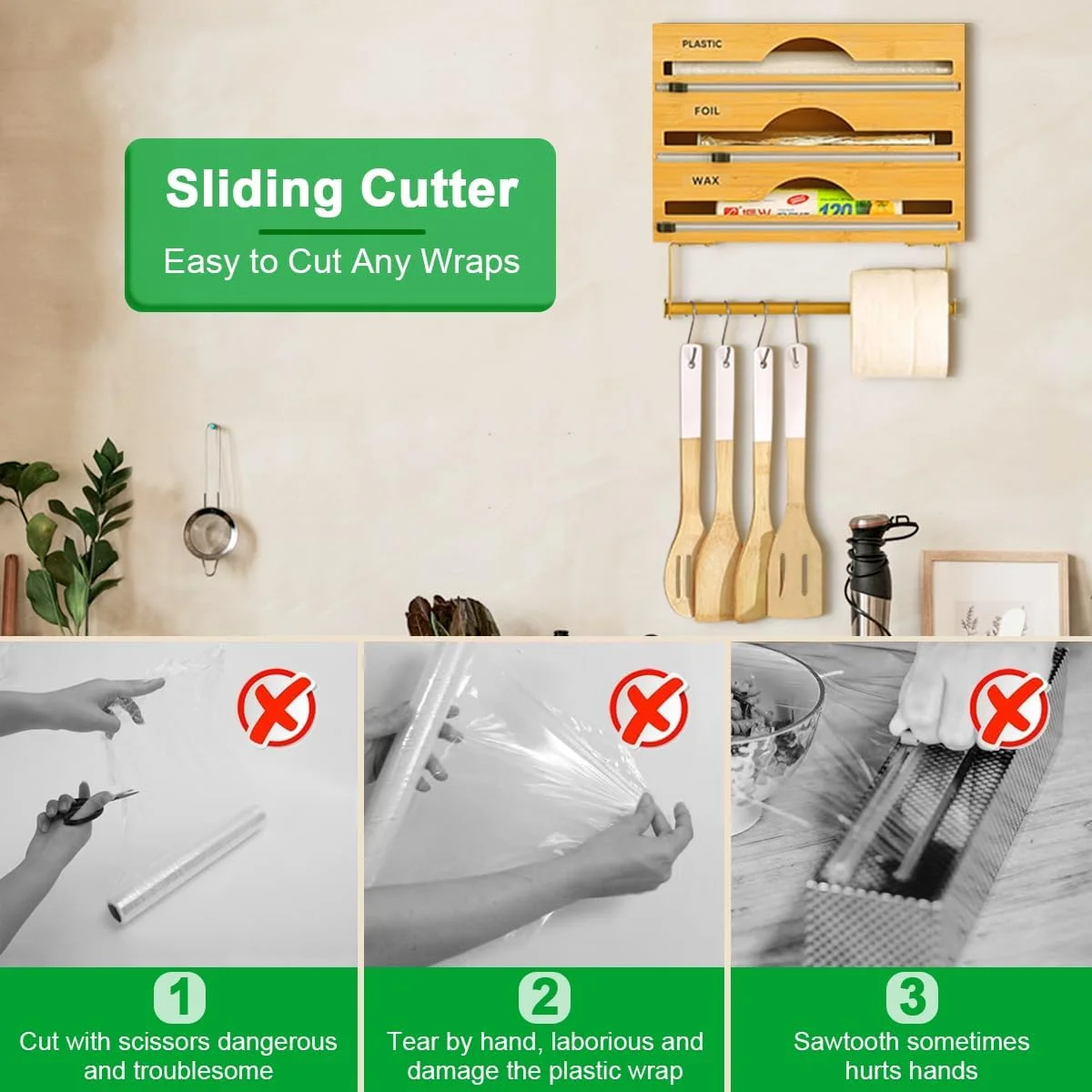 نگهدارنده روکش پلاستیکی Cestbella، سازمان دهنده فویل آلومینیومی بامبو 4 در 1 با برش کشویی و برچسب، نصب دیواری کاغذ روغنی، کاغذ مومی، نگهدارنده فیلم استرچ برای کشوی آشپزخانه، مناسب برای رول 13 سانتی متری