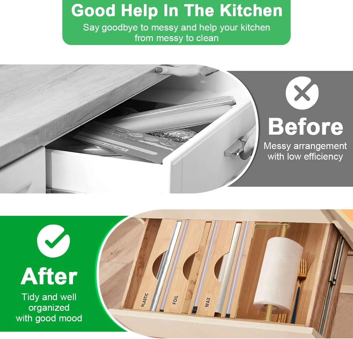 نگهدارنده روکش پلاستیکی Cestbella، سازمان دهنده فویل آلومینیومی بامبو 4 در 1 با برش کشویی و برچسب، نصب دیواری کاغذ روغنی، کاغذ مومی، نگهدارنده فیلم استرچ برای کشوی آشپزخانه، مناسب برای رول 13 سانتی متری