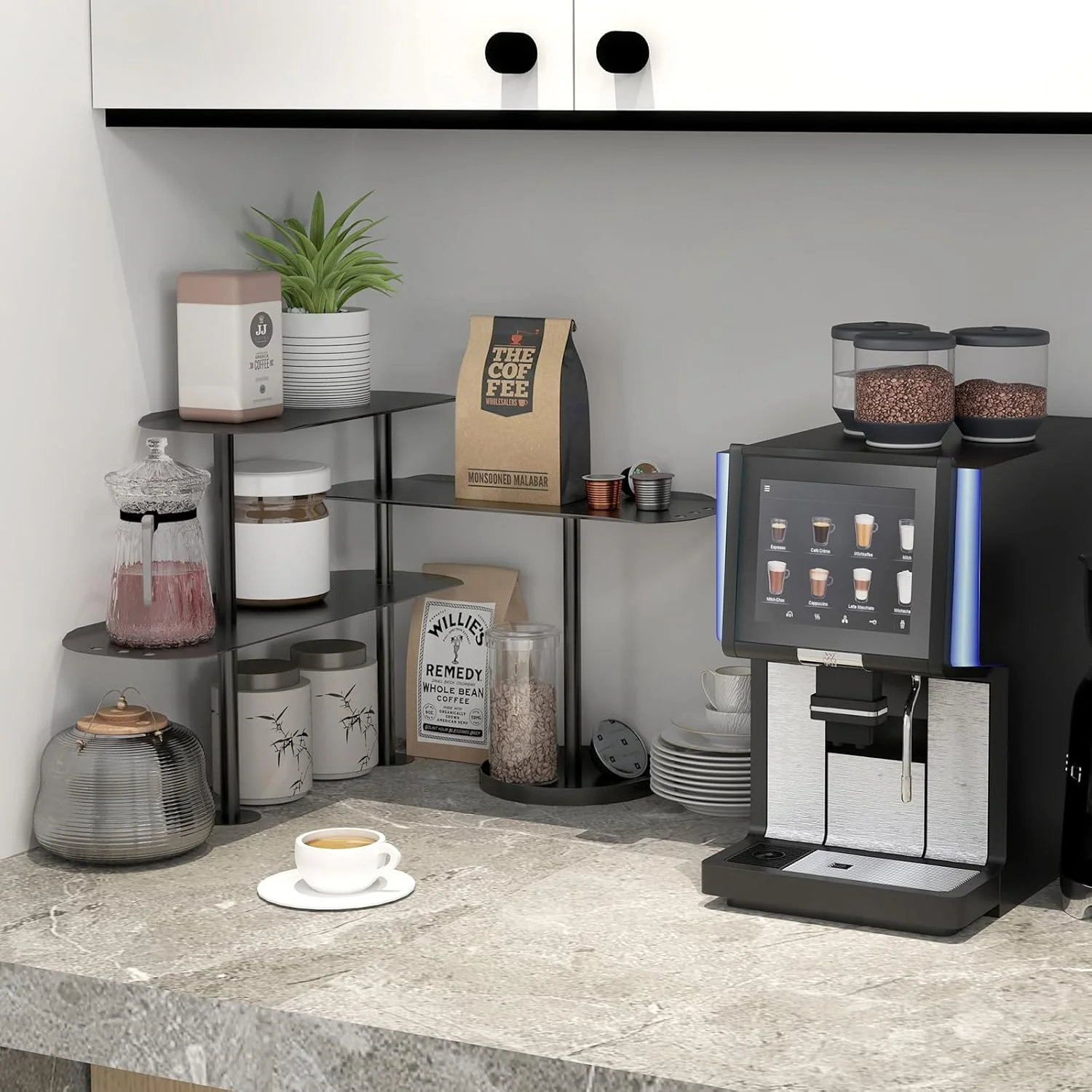 ارگانایزر رومیزی آشپزخانه STWWO، قفسه گوشه ای فلزی قابل تنظیم 3 طبقه برای حمام، قفسه ادویه جات، بار قهوه، مشکی