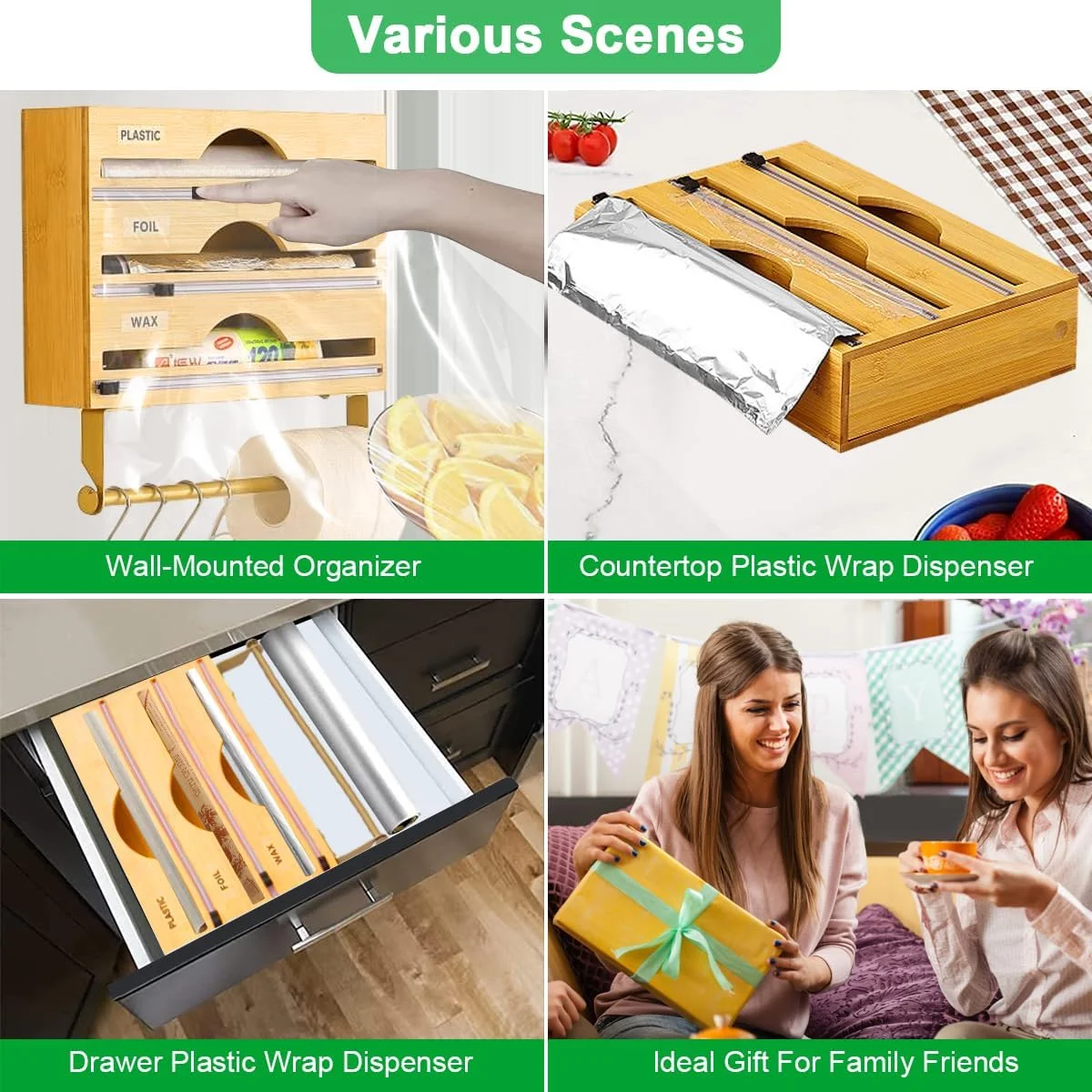 نگهدارنده روکش پلاستیکی Cestbella، سازمان دهنده فویل آلومینیومی بامبو 4 در 1 با برش کشویی و برچسب، نصب دیواری کاغذ روغنی، کاغذ مومی، نگهدارنده فیلم استرچ برای کشوی آشپزخانه، مناسب برای رول 13 سانتی متری