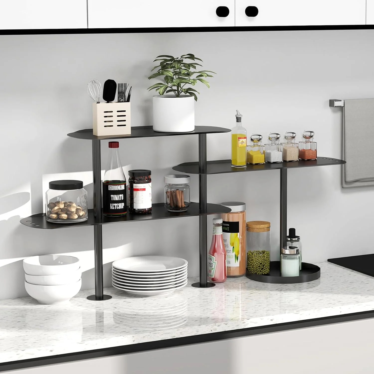ارگانایزر رومیزی آشپزخانه STWWO، قفسه گوشه ای فلزی قابل تنظیم 3 طبقه برای حمام، قفسه ادویه جات، بار قهوه، مشکی