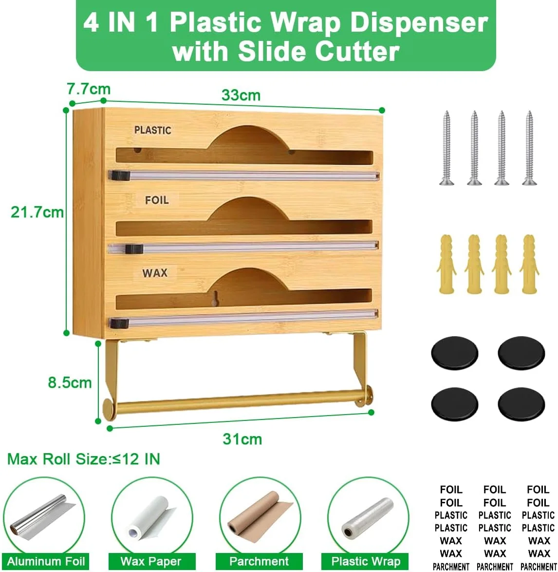 نگهدارنده روکش پلاستیکی Cestbella، سازمان دهنده فویل آلومینیومی بامبو 4 در 1 با برش کشویی و برچسب، نصب دیواری کاغذ روغنی، کاغذ مومی، نگهدارنده فیلم استرچ برای کشوی آشپزخانه، مناسب برای رول 13 سانتی متری