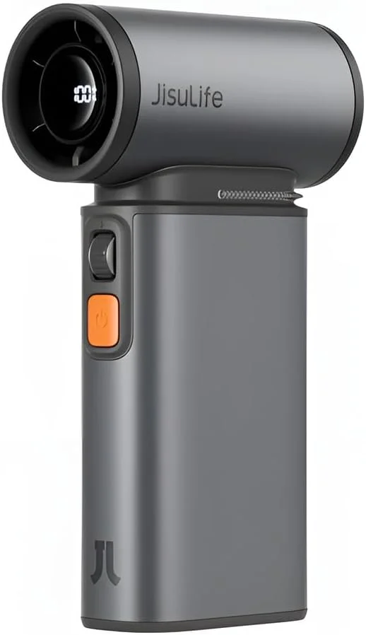 پنکه توربو دستی قابل حمل JISULIFE، پنکه شخصی کوچک با 100 سرعت قابل تنظیم، پنکه قابل شارژ USB با باتری 9000 میلی آمپر ساعتی، نمایشگر LED، بدنه فلزی با لوازم جانبی هدیه برای مردان و زنان مسافرتی - خاکستری