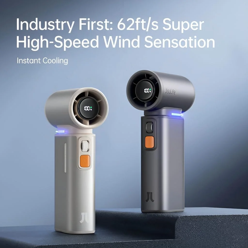 پنکه توربو دستی قابل حمل JISULIFE، پنکه شخصی کوچک با 100 سرعت قابل تنظیم، پنکه قابل شارژ USB با باتری 9000 میلی آمپر ساعتی، نمایشگر LED، بدنه فلزی با لوازم جانبی هدیه برای مردان و زنان مسافرتی - خاکستری