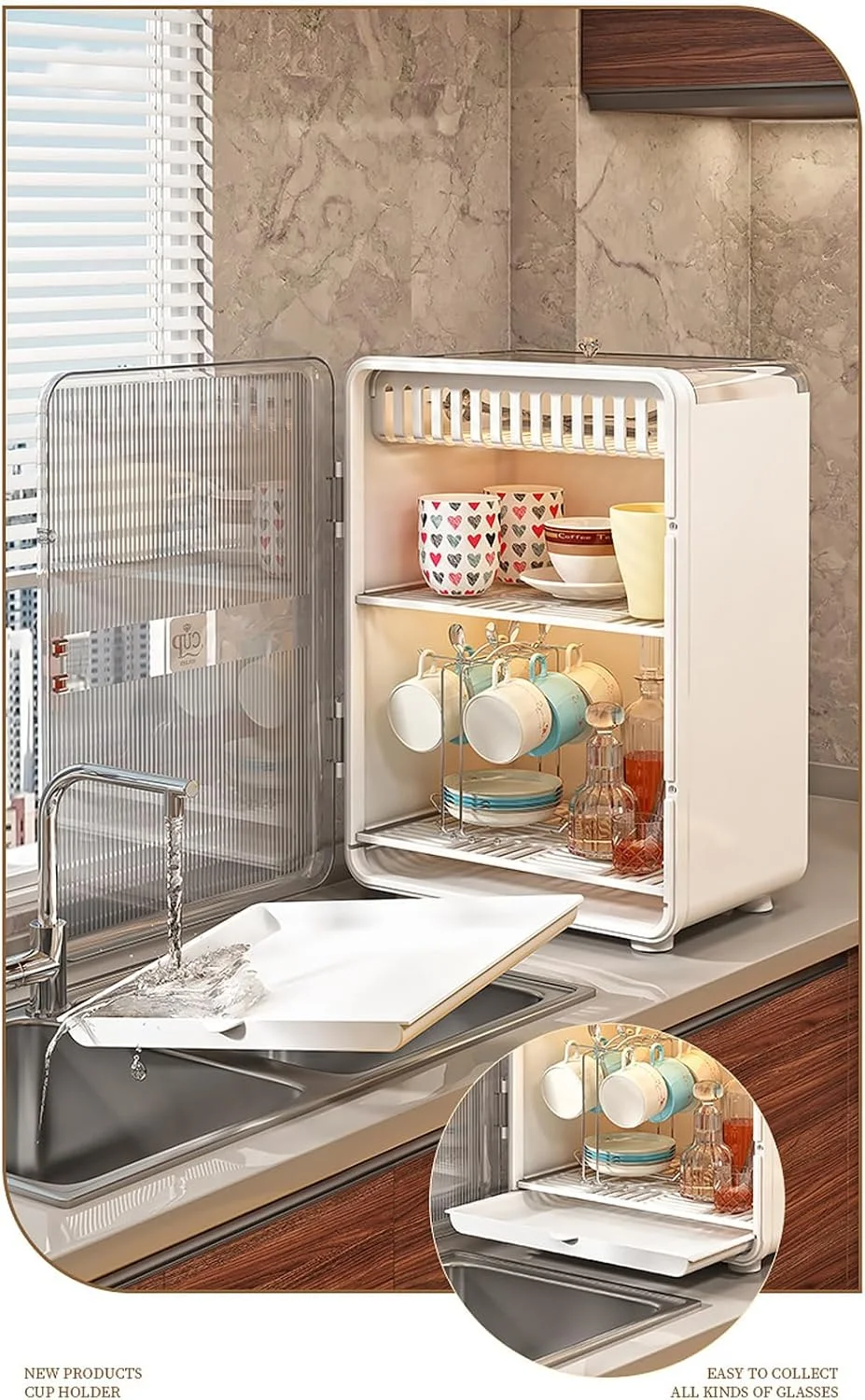 کابینت استند خشک کن ظروف U-HOOME، جاظرفی بزرگ ضد گرد و غبار برای خشک کردن شیشه شیر نوزاد، جعبه نگهداری و سازمان دهنده با درب، قفسه نگهداری آشپزخانه برای لیوان، بطری، کاسه و ماگ