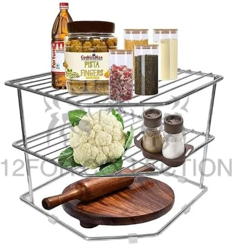 قفسه ذخیره سازی 3 طبقه استیل ضد زنگ 12FOR COLLECTION برای گوشه ها، قفسه نگهدارنده ظروف و بشقاب آشپزخانه چند منظوره استیل ضد زنگ، قفسه گوشه