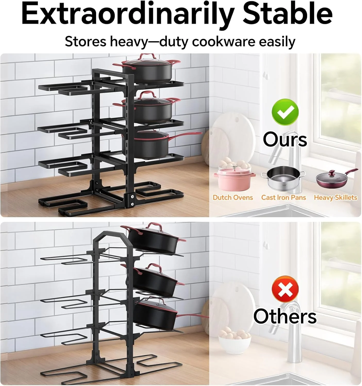 ارگانایزر قابلمه و تابه، قفسه 8 طبقه برای سازماندهی قابلمه و تابه داخل کابینت، ارگانایزر سنگین قابلمه و تابه برای زیر کابینت، نگهدارنده درب قابلمه قابل تنظیم برای انبار آشپزخانه برای نگهداری قابلمه های هلندی و تابه های چدنی ارگانایزر قابلمه و تابه، قفسه 8 طبقه برای سازماندهی قابلمه و تابه داخل کابینت، ارگانایزر سنگین قابلمه و تابه برای زیر کابینت، نگهدارنده درب قابلمه قابل تنظیم برای انبار آشپزخانه برای نگهداری قابلمه های هلندی و تابه های چدنی