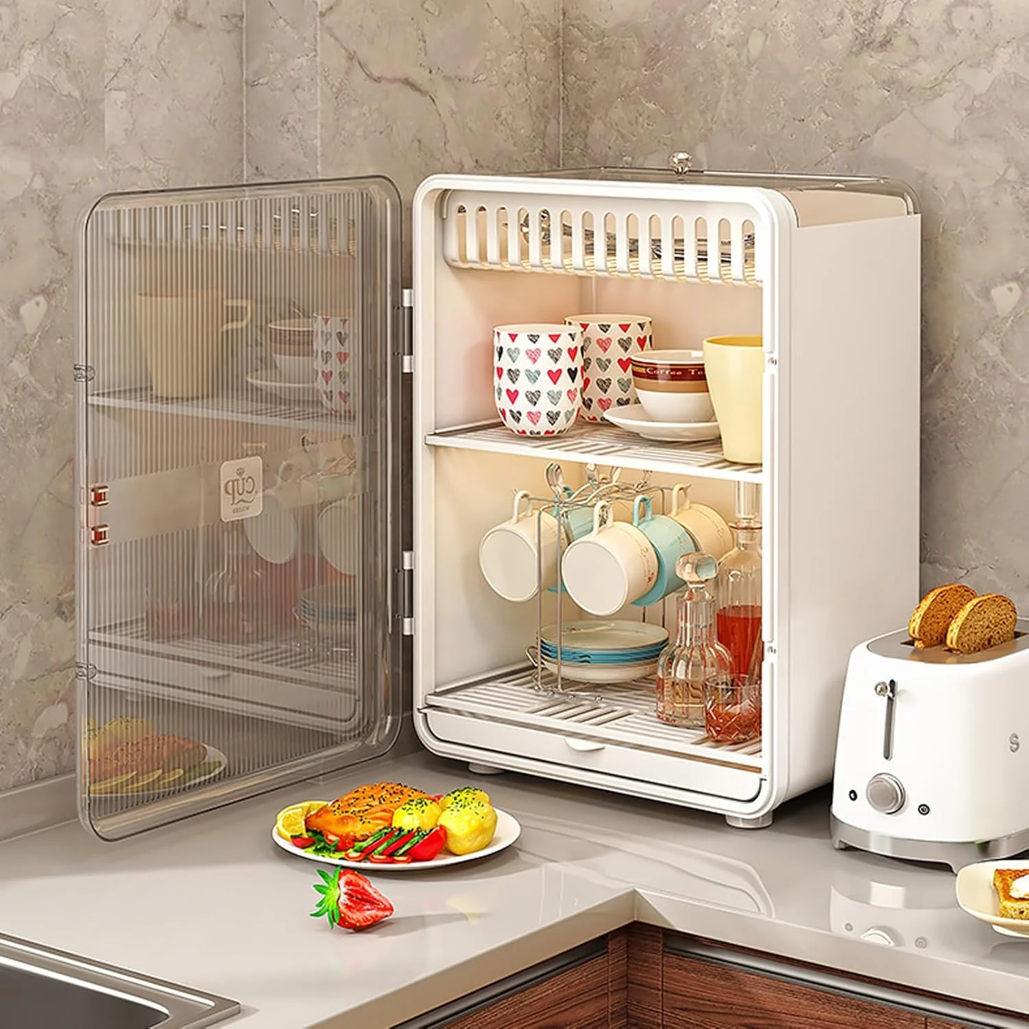 کابینت استند خشک کن ظروف U-HOOME، جاظرفی بزرگ ضد گرد و غبار برای خشک کردن شیشه شیر نوزاد، جعبه نگهداری و سازمان دهنده با درب، قفسه نگهداری آشپزخانه برای لیوان، بطری، کاسه و ماگ