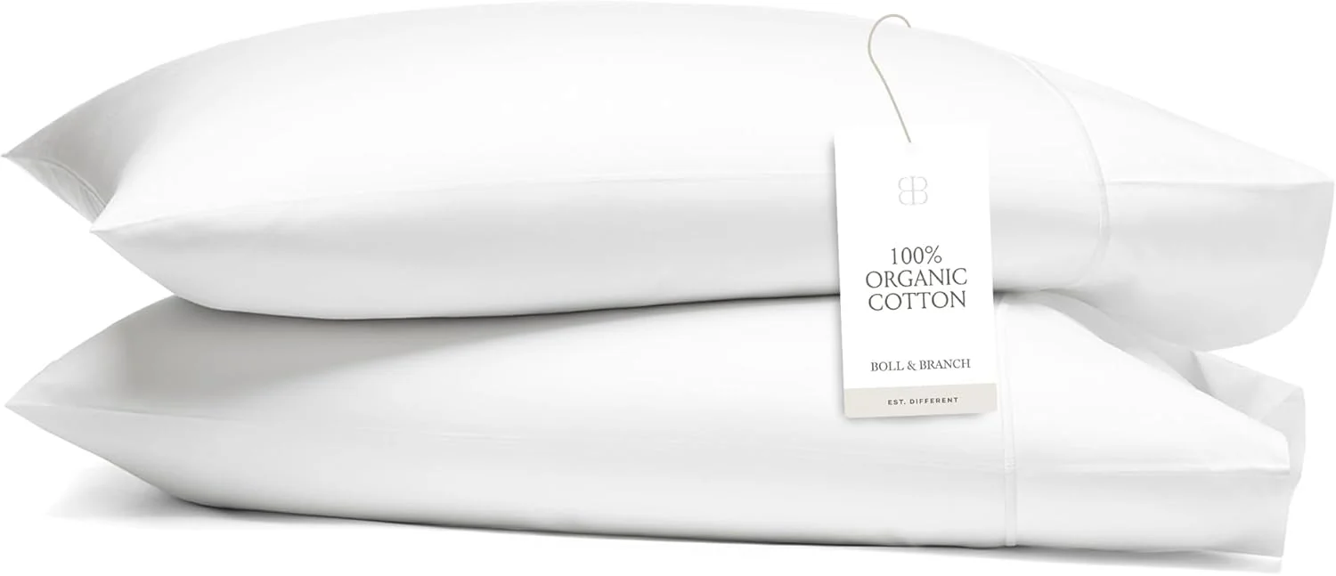 ست روبالشی لبه دوزی شده سیگنیچر Boll & Branch - 100% پنبه ارگانیک - 2 روبالشی نرم و لطیف لوکس از الیاف ممتاز - لبه 7 اینچی، سفید، استاندارد