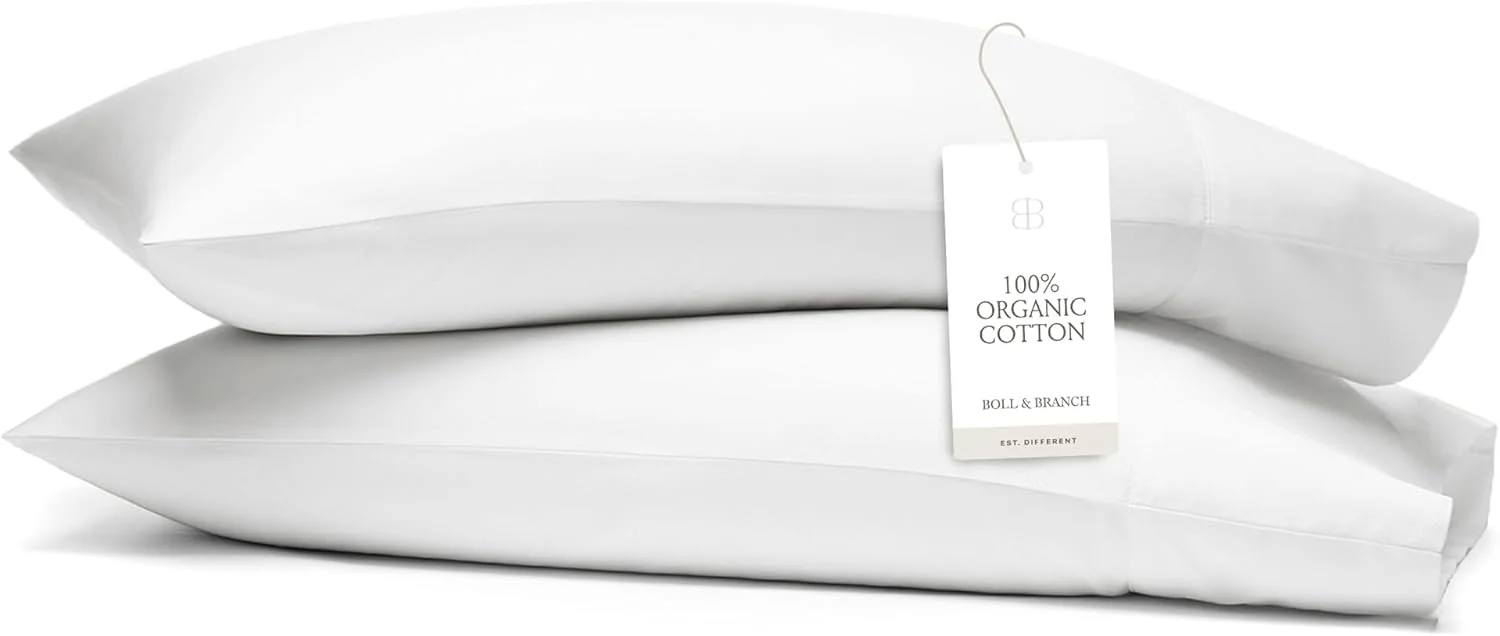 Boll & Branch Percale Hemmed Pillowcase Set – 100% Organic Cotton – 2 Luxury Pillowcases from Premium Threads – Smooth, Breathable Cooling Weave – 7” Hemline, White, King