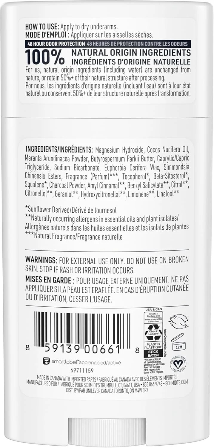 دئودورانت طبیعی بدون آلومینیوم اشمیتز برای زنان و مردان، زغال چوب و منیزیم با محافظت 24 ساعته در برابر بو، 75 گرم
