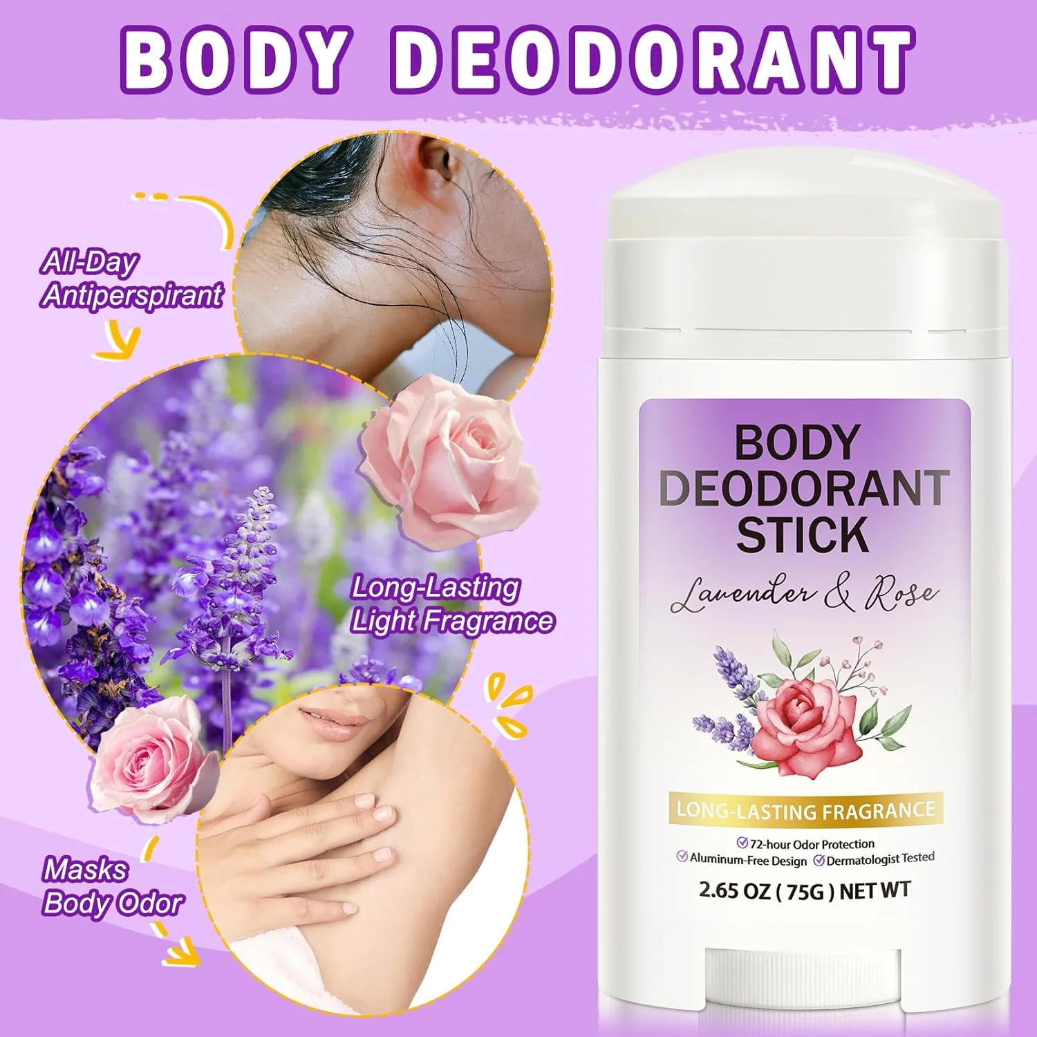 استیک دئودورانت بدن LBOYLOVE®، عطر جامد ضد تعریق برای آقایان و بانوان، مواد تشکیل دهنده طبیعی و بدون آلومینیوم، کنترل بوی 72 ساعته و طراوت طولانی مدت (اسطوخودوس و گل رز)