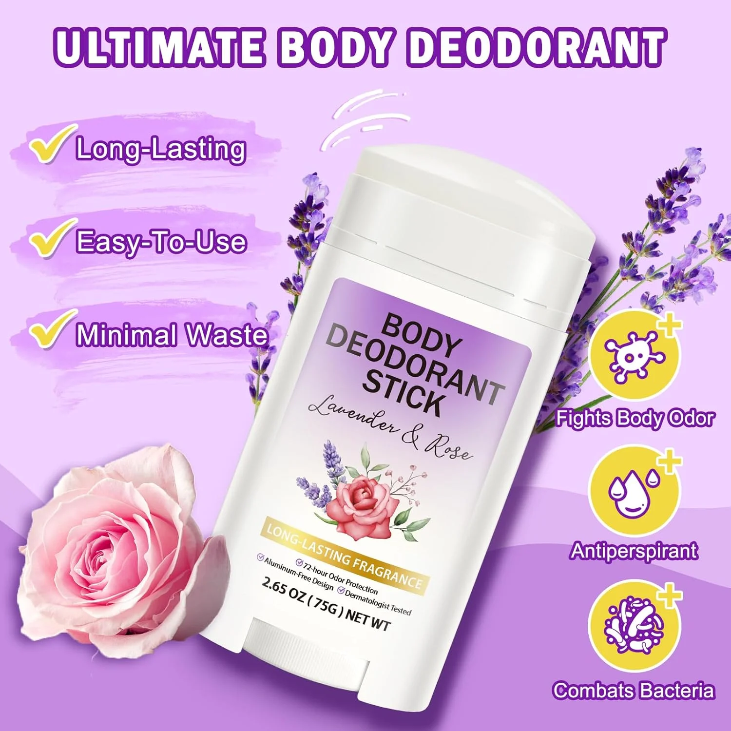 استیک دئودورانت بدن LBOYLOVE®، عطر جامد ضد تعریق برای آقایان و بانوان، مواد تشکیل دهنده طبیعی و بدون آلومینیوم، کنترل بوی 72 ساعته و طراوت طولانی مدت (اسطوخودوس و گل رز)