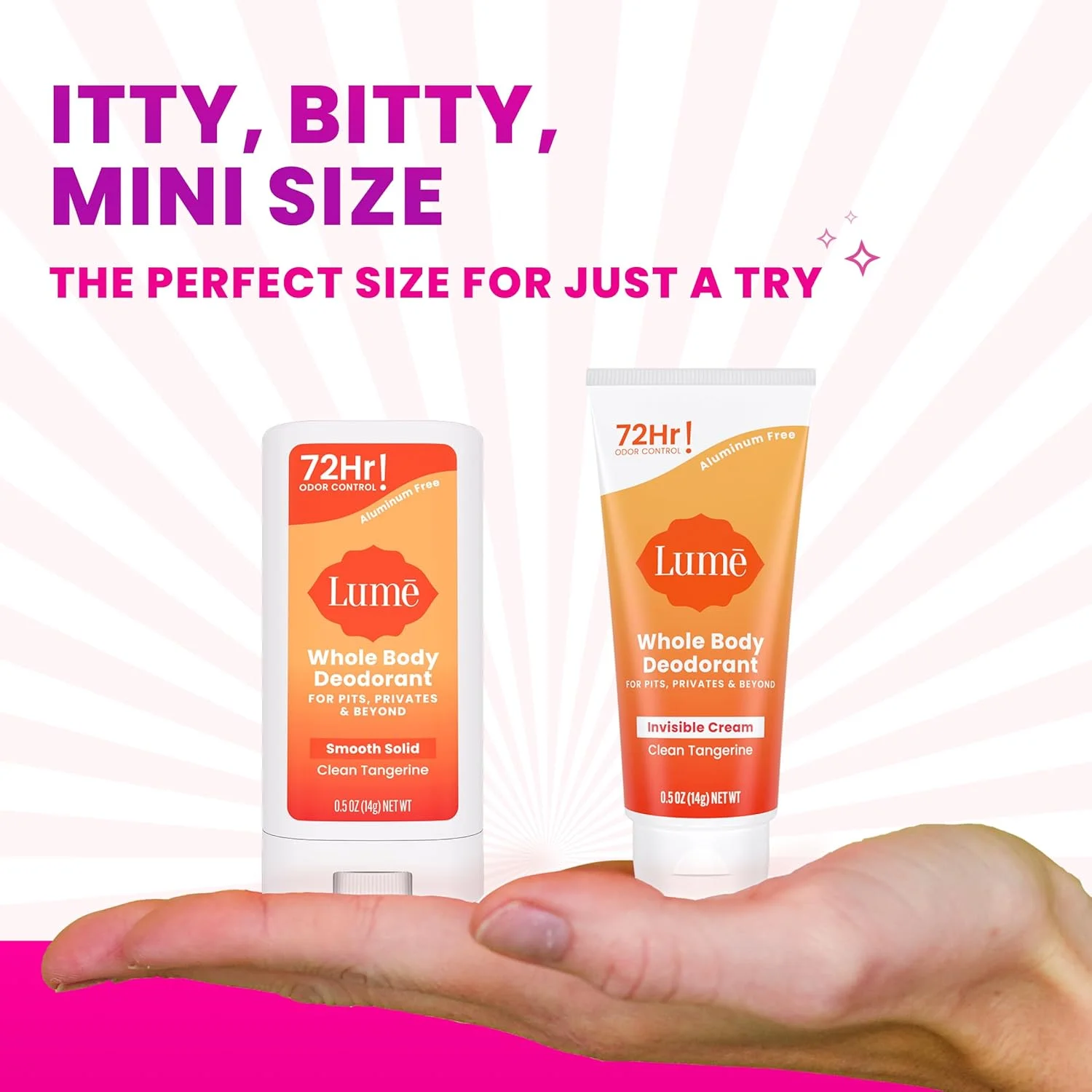 بسته کوچک لوم دئودورانت بدن - کرم نامرئی + استیک جامد - کنترل بوی 72 ساعته - فاقد آلومینیوم و جوش شیرین، دوستدار پوست - 14 گرم هر کدام - مسافرتی، سایز مینی (نارنگی تمیز)