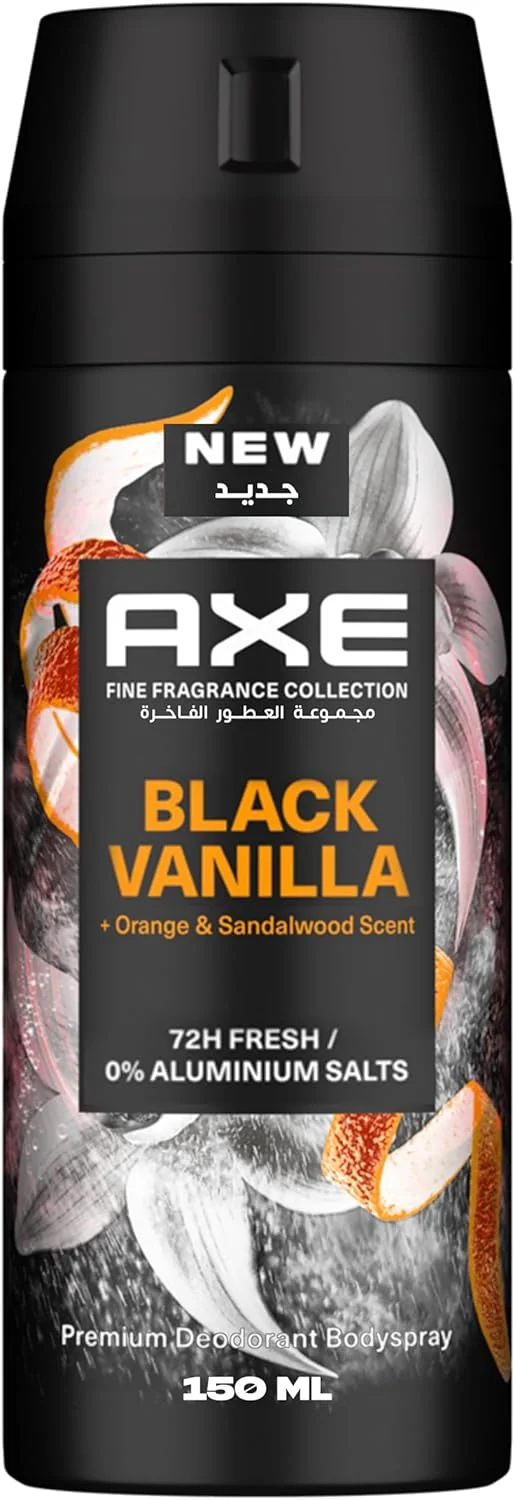 اسپری خوشبو کننده بدن مردانه AXE Fine Fragrance Premium، وانیل سیاه، رایحه پرتقال و چوب صندل، طراوت 72 ساعته، بدون آلومینیوم، 150 میلی لیتر