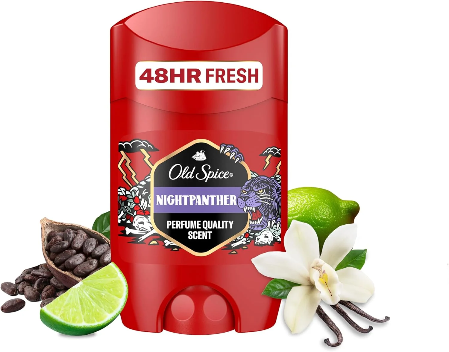 استیک دئودورانت مردانه اولد اسپایس نایت پنتر، 50 میلی لیتر، طراوت 48 ساعته، رایحه ماندگار با کیفیت عطر، 0% نمک آلومینیوم، بدون ایجاد لک روی لباس های سیاه و سفید، ساخته شده از 50% پلاستیک بازیافتی