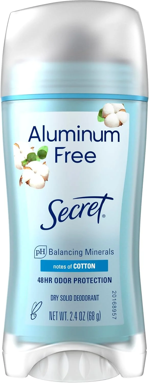 دئودورانت فاقد آلومینیوم سکرت زنانه، محافظت 48 ساعته در برابر بو، فاقد پارابن، رنگ، تالک و جوش شیرین، مواد معدنی متعادل کننده PH، جامد خشک، رایحه پنبه، 68 گرم