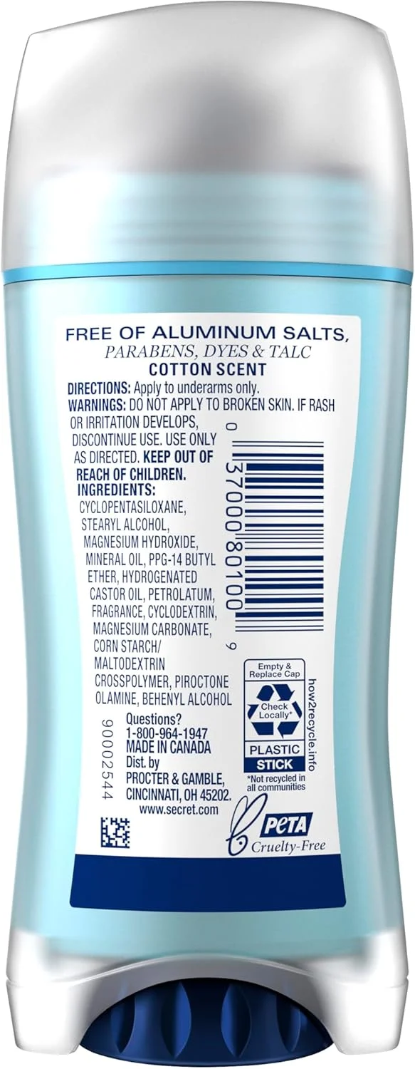 دئودورانت فاقد آلومینیوم سکرت زنانه، محافظت 48 ساعته در برابر بو، فاقد پارابن، رنگ، تالک و جوش شیرین، مواد معدنی متعادل کننده PH، جامد خشک، رایحه پنبه، 68 گرم