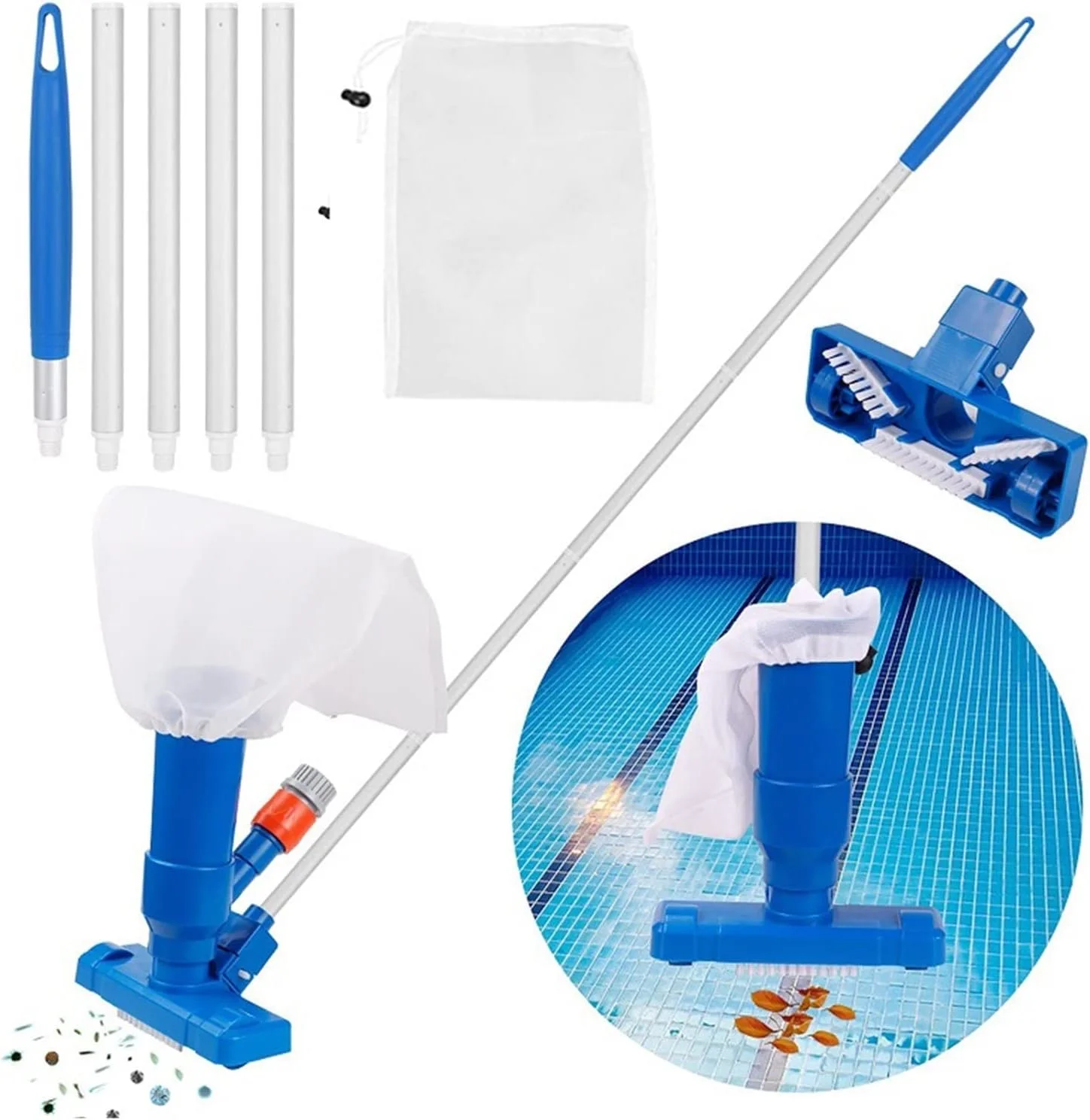 سر جاروبرقی استخر GHQERTY با برس، کیسه و میله، ابزار تمیز کننده جاروبرقی برای استخرهای روی زمین، استخرهای داخل زمین، اسپا، حوضچه ها و فواره ها برای استخر شنا