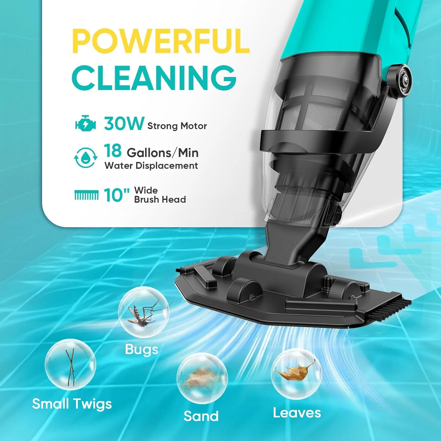 جاروبرقی استخر سیلومین برای استخرهای روکار، جاروبرقی دستی استخر با برس، میله آلومینیومی، 18 گالن در دقیقه، جاروبرقی شارژی بی سیم استخر برای استخرهای داخل زمین، وان آب گرم، اسپا