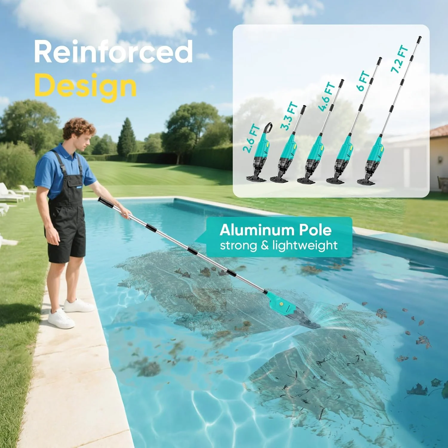 جاروبرقی استخر سیلومین برای استخرهای روکار، جاروبرقی دستی استخر با برس، میله آلومینیومی، 18 گالن در دقیقه، جاروبرقی شارژی بی سیم استخر برای استخرهای داخل زمین، وان آب گرم، اسپا