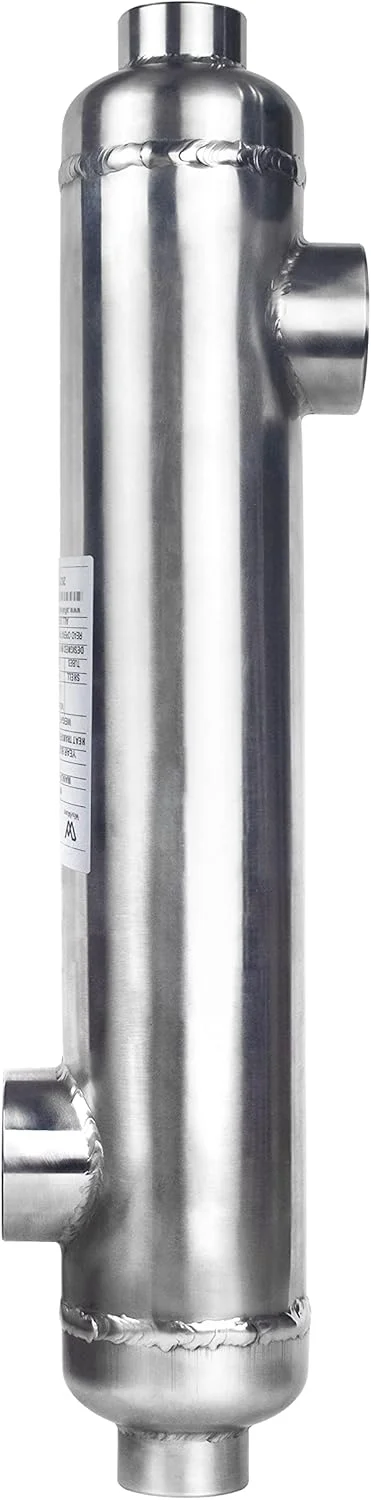 مبدل حرارتی پوسته و لوله ای AB با ظرفیت 3600kBtu، استیل ضد زنگ 316L، پورت های جانبی مخالف 4 اینچ و 2 1/2 اینچ FPT برای استخر/بخار/گرمایش منطقه ای، فرآیندهای صنعتی، نمک زدایی و تصفیه آب