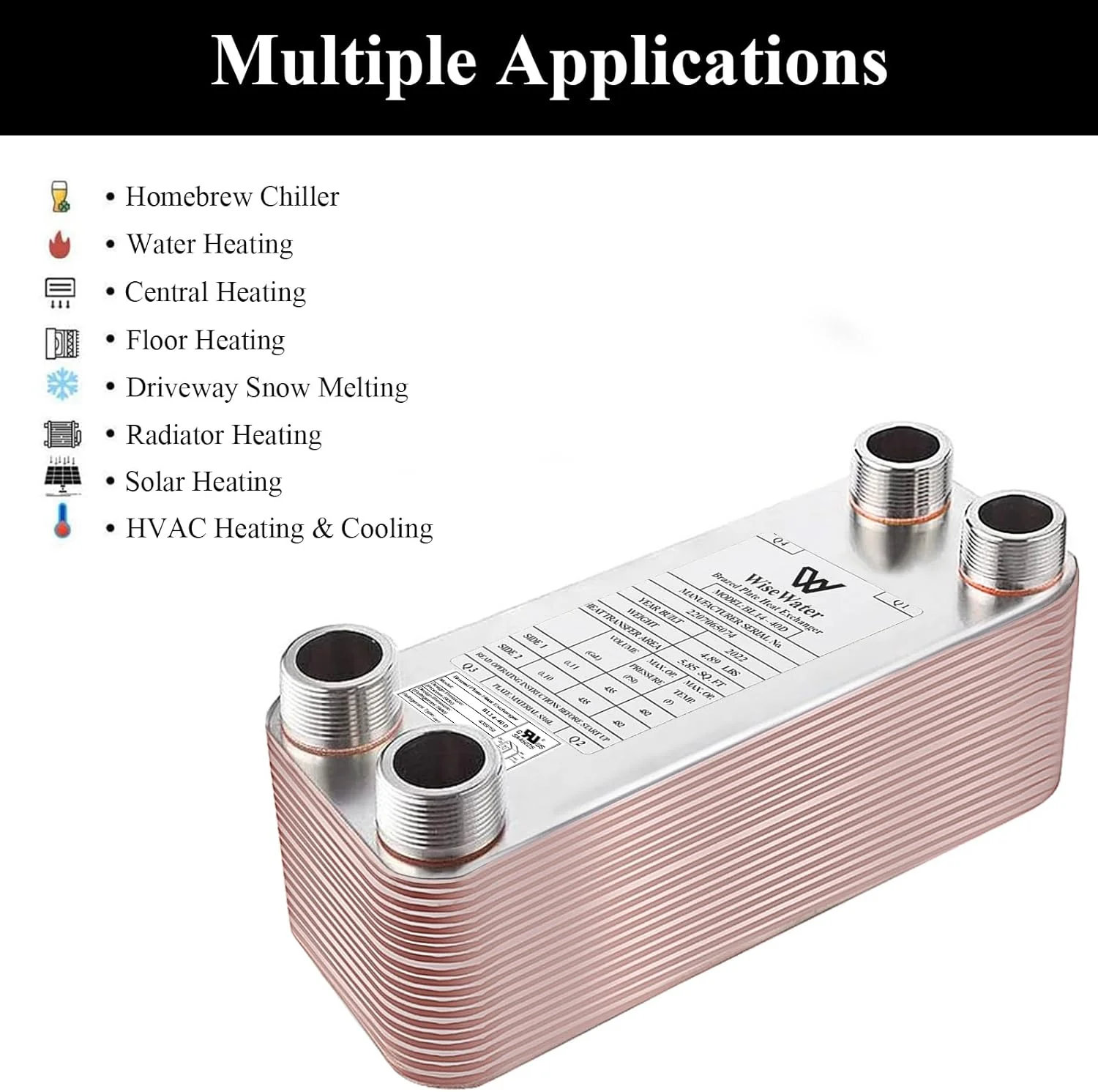 مبدل حرارتی صفحه ای AB، 3"x8" با 16 صفحه، مبدل حرارتی آب به آب، مبدل حرارتی صفحه ای لحیم کاری شده از جنس استنلس استیل مس/SS316L برای گرمایش از کف، گرمایش آب، ذوب برف