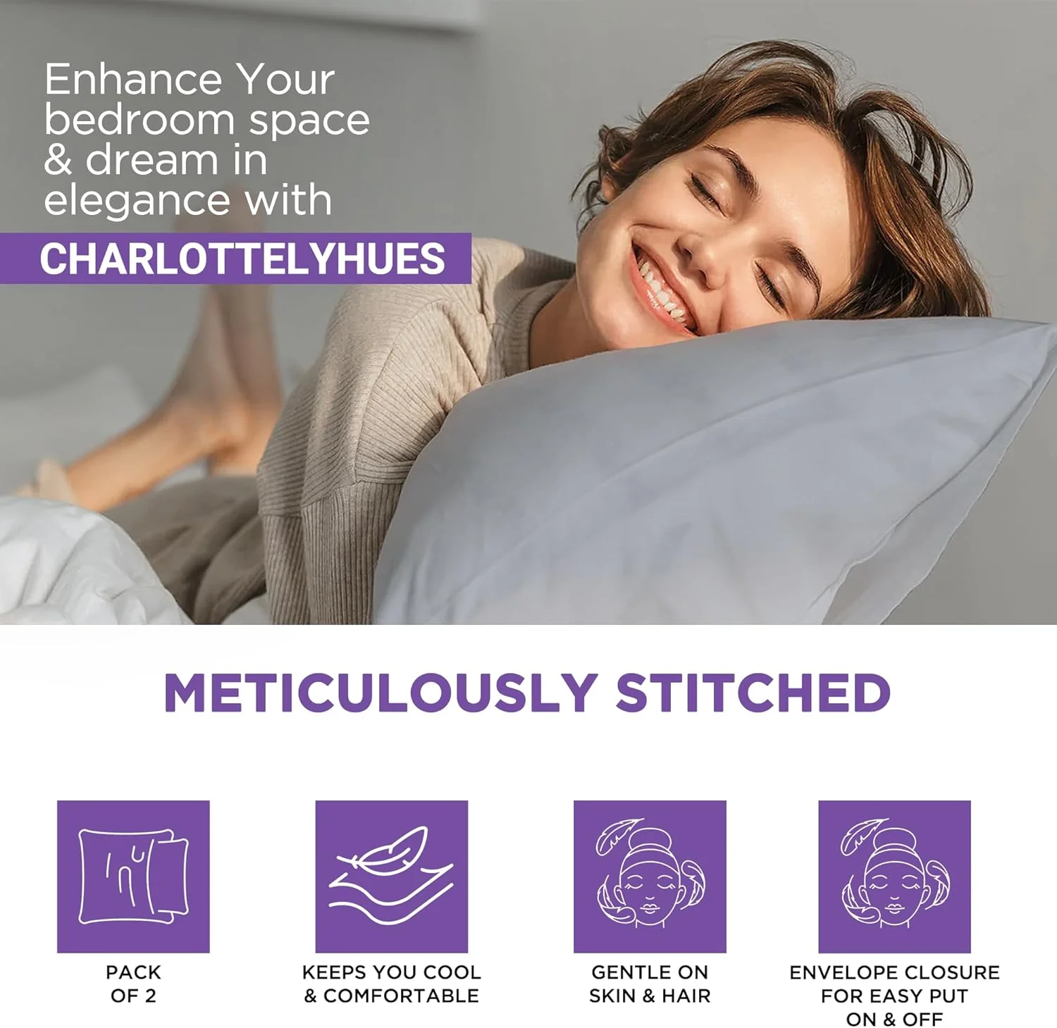 ست روبالشی 2 عددی شارلوتلی هوز با تراکم 1000، 100% پنبه مصری با روبالشی های شانه شده با الیاف بلند برای خواب، روکش بالش نرم و ابریشمی (نقره ای، استاندارد/کویین)