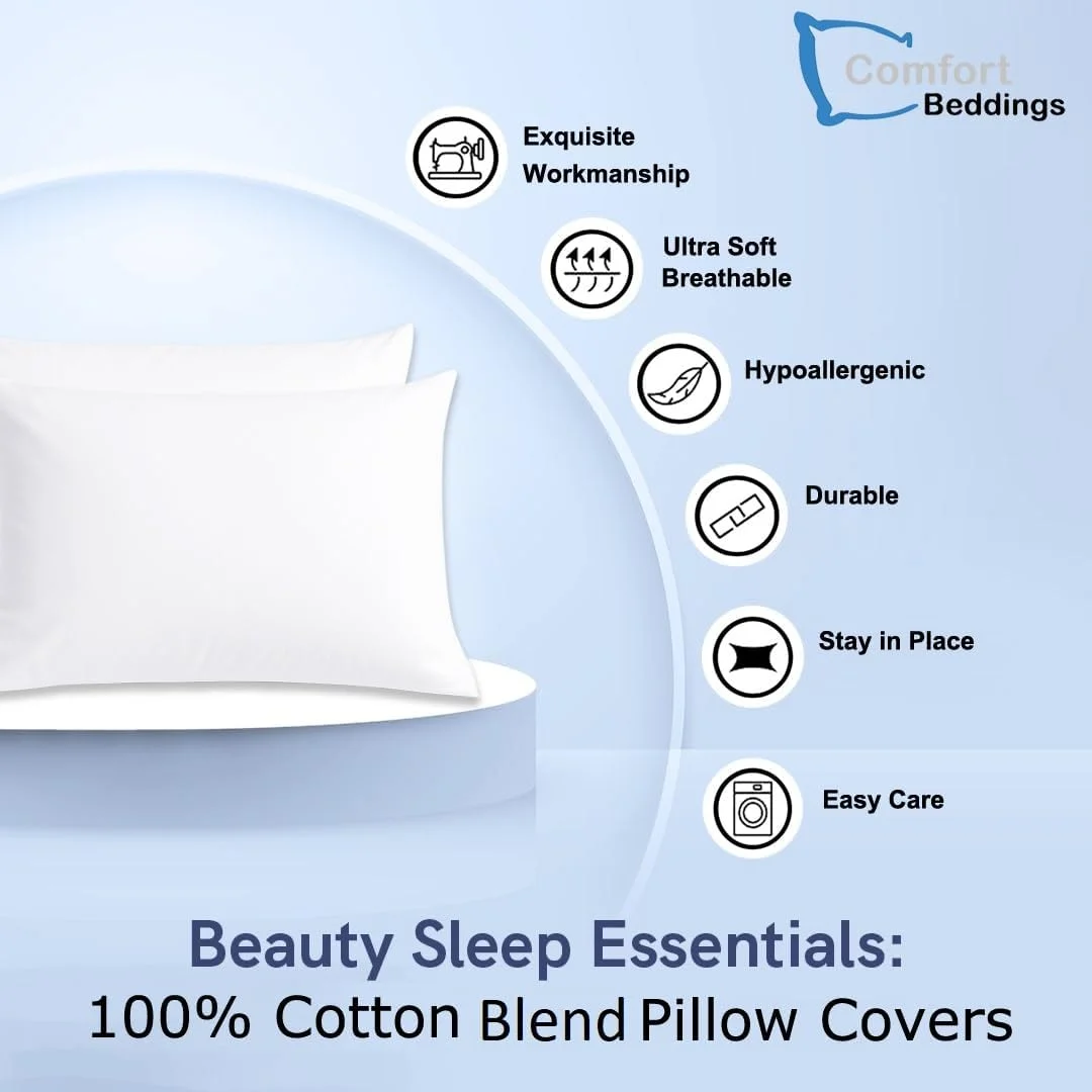 روبالشی های سفید با کیفیت عالی Comfort Beddings، ترکیب 100% پنبه، سوپرکینگ، بسته 2 عددی، فوق العاده نرم با بستن پاکتی (سایز سوپرکینگ 50cm x 90cm) روبالشی های سفید با کیفیت عالی Comfort Beddings، ترکیب 100% پنبه، سوپرکینگ، بسته 2 عددی، فوق العاده نرم با بستن پاکتی (سایز سوپرکینگ 50cm x 90cm)