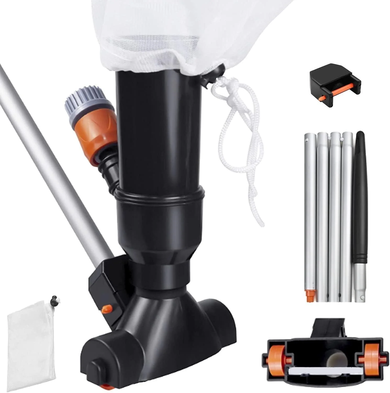 جاروبرقی استخری Excefore، کیت نگهداری استخر قابل حمل با میله آلومینیومی، جت جاروبرقی زیر آب، کیسه توری - برای تمیز کردن برگ، خاک، شن و لای استخر، حوض و فواره