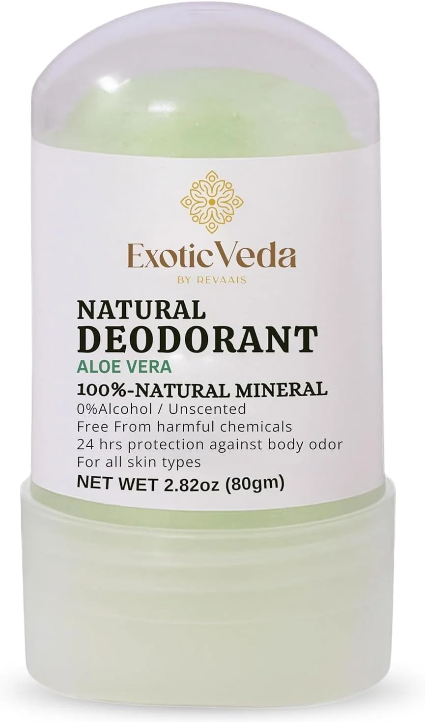 استیک دئودورانت زاج طبیعی 100% با آلوئه ورا، بدون الکل و مواد شیمیایی، محافظت 24 ساعته در برابر بو برای انواع پوست، 80 گرم، آلوئه ورا، دئودورانت ایده آل برای مسافرت برای زنان و مردان