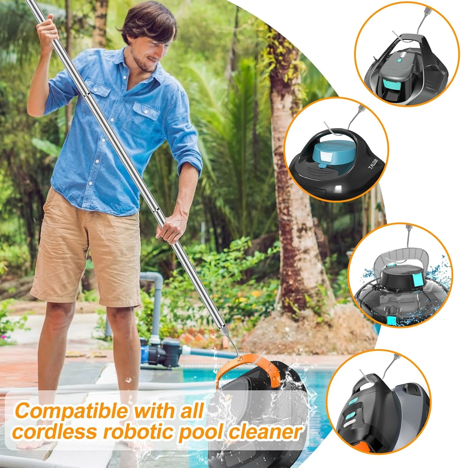 قلاب های استخر الفاما برای میله ها و میله تمیز کننده استخر قابل تنظیم 5.2 فوتی برای جاروبرقی استخر برای استخرهای داخل زمینی، بالای زمینی، توری اسکیمر، برس، سر جاروبرقی