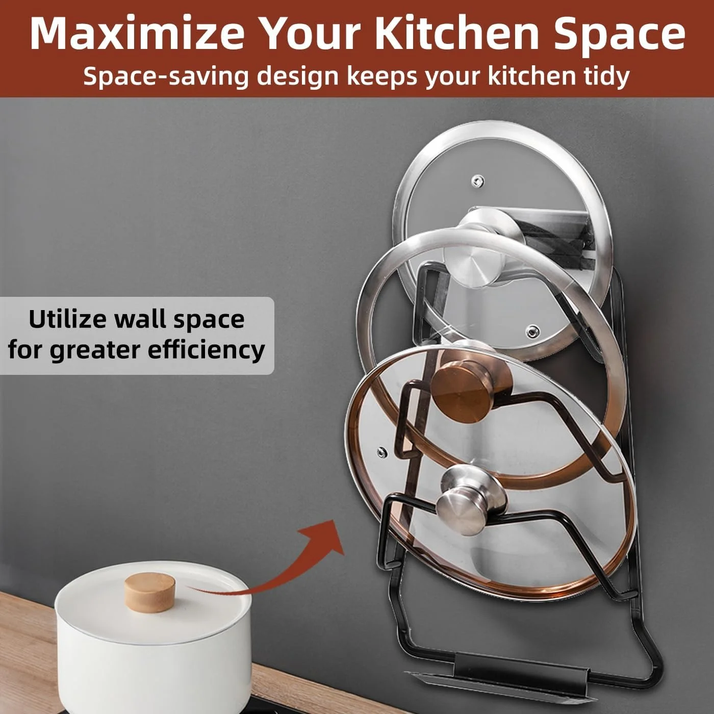 نگهدارنده درب قابلمه و تابه YumLock، نصب دیواری، استیل ضد زنگ بادوام، سازمان دهنده آشپزخانه، طراحی نقره ای و مشکی، صرفه جویی در فضا نگهدارنده درب قابلمه و تابه YumLock، نصب دیواری، استیل ضد زنگ بادوام، سازمان دهنده آشپزخانه، طراحی نقره ای و مشکی، صرفه جویی در فضا