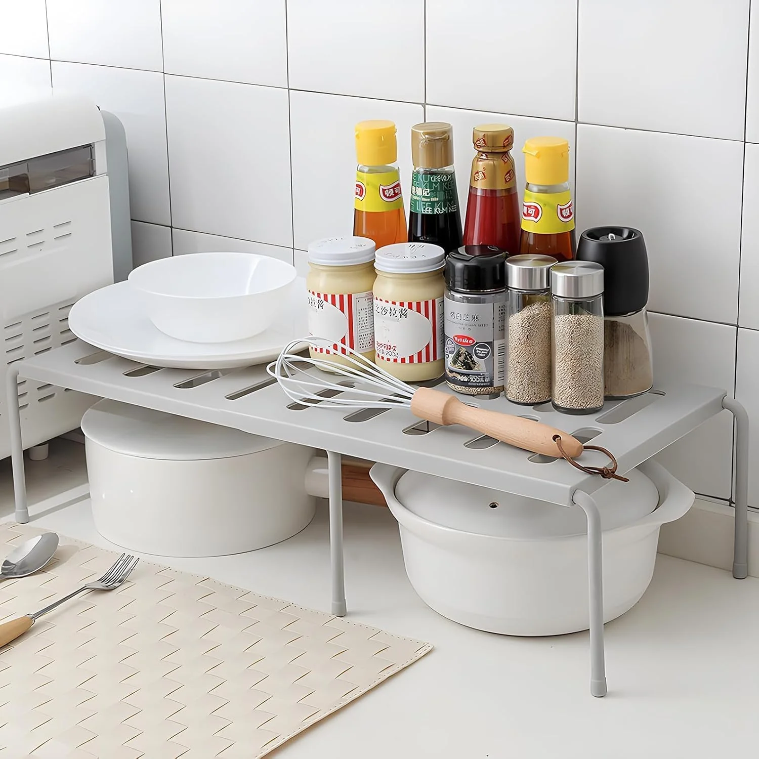 ارگانایزر قفسه کابینت آشپزخانه MostNow، قفسه کابینت برای آشپزخانه، حمام، کمد، انبار - قفسه های رومیزی قابل تنظیم (خاکستری) ارگانایزر قفسه کابینت آشپزخانه MostNow، قفسه کابینت برای آشپزخانه، حمام، کمد، انبار - قفسه های رومیزی قابل تنظیم (خاکستری)