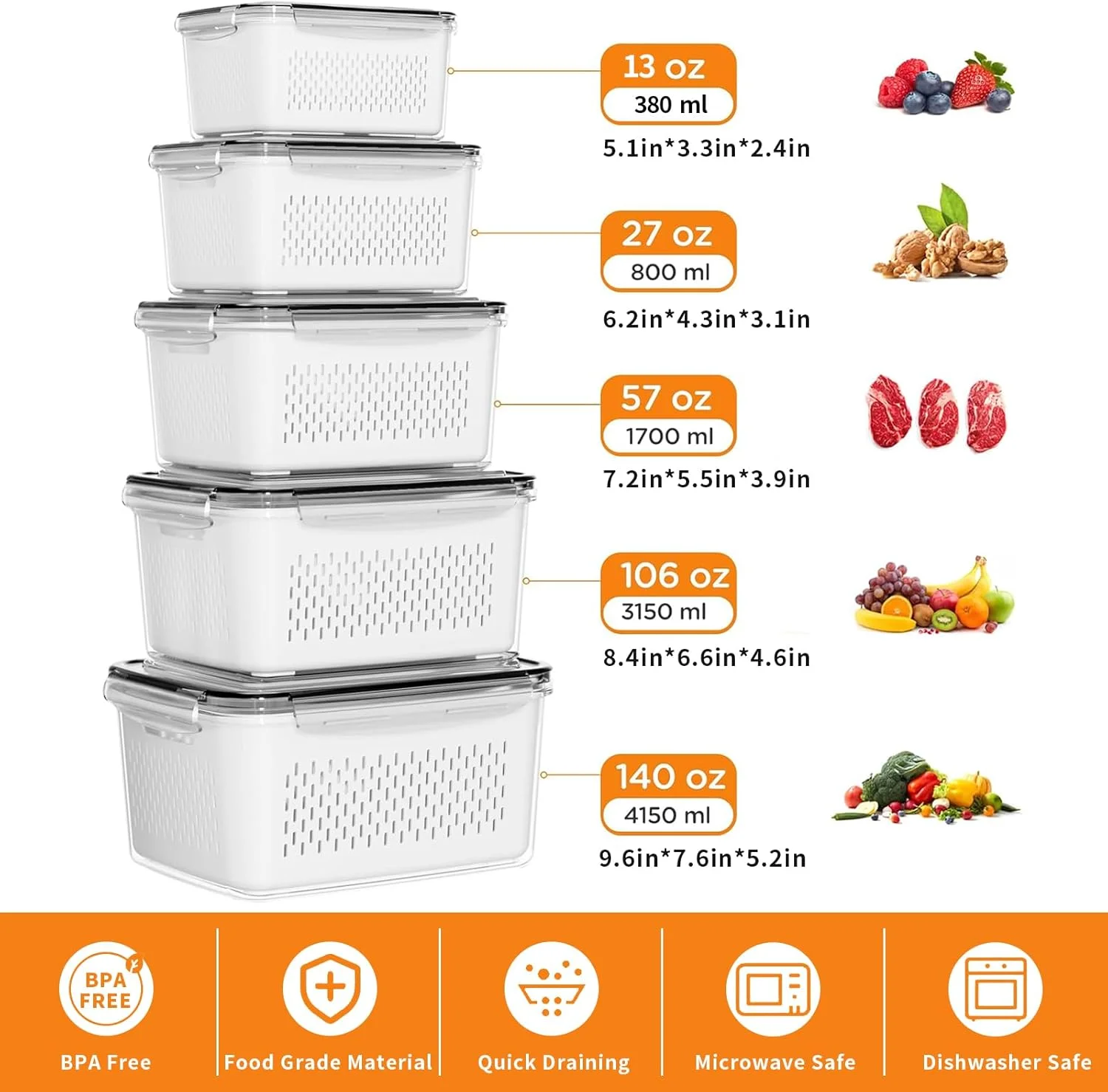 مجموعه 5 عددی نظم دهنده و نگهدارنده یخچال Yoawllty با آبکش جداشدنی و درب، ظرف نگهدارنده ضد نشت یخچال برای نگهداری میوه، سبزیجات، سالاد، توت، کاهو و گوشت و حفظ تازگی