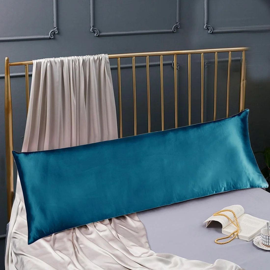 روبالشی بدن ابریشمی 100% Cozysilk برای مو و پوست با زیپ مخفی، روبالشی بدن ابریشمی 20 Momme، روکش بالش بارداری ابریشم خالص توت برای زنان باردار (50.8 x 137.16 سانتی متر، آبی طاووسی)