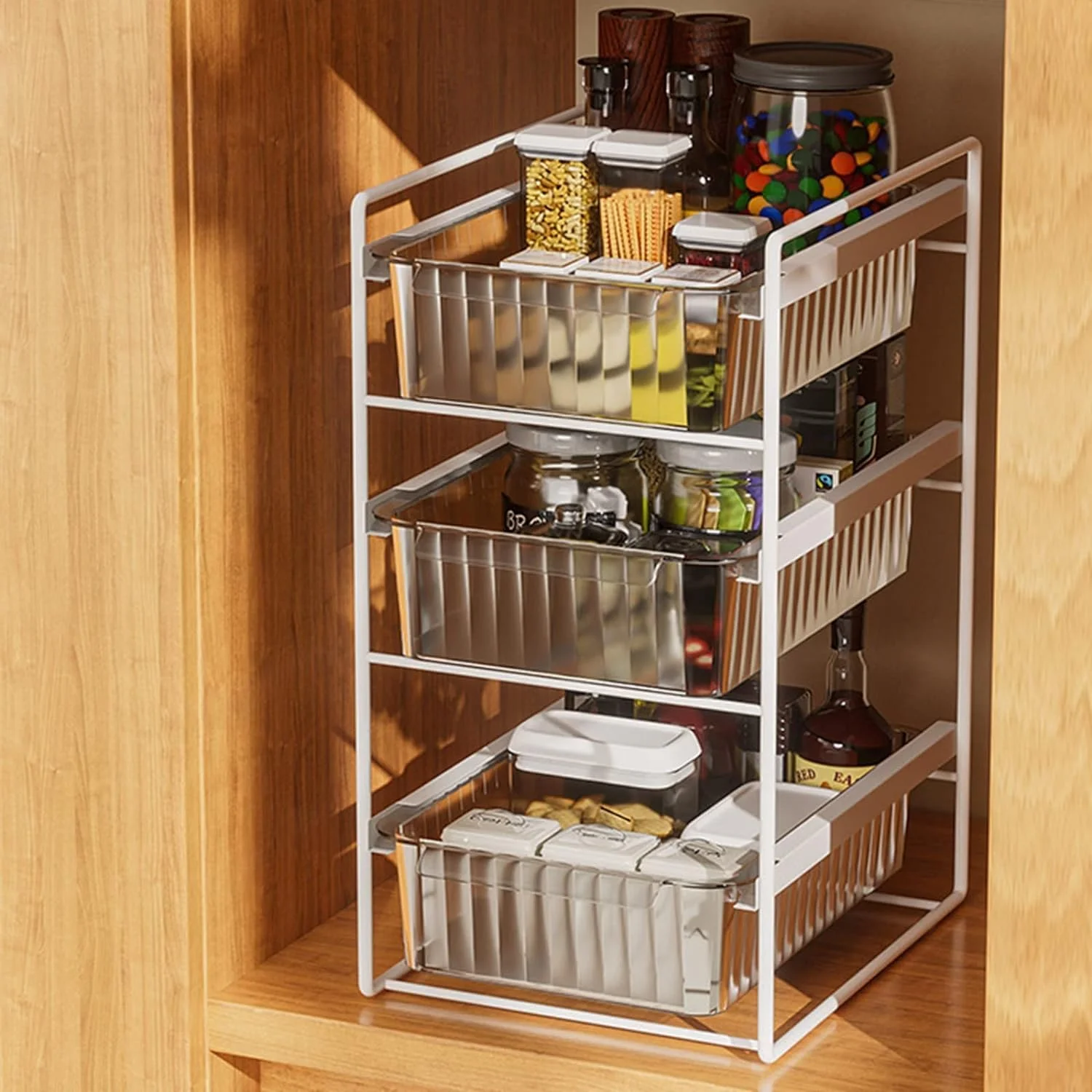 ارگانایزر زیر سینک 3 طبقه Cozy Nest با کشوهای ریلی، قفسه سبدی فلزی و مقاوم برای نگهداری ظروف ادویه، لوازم تمیز کننده حمام و آشپزخانه