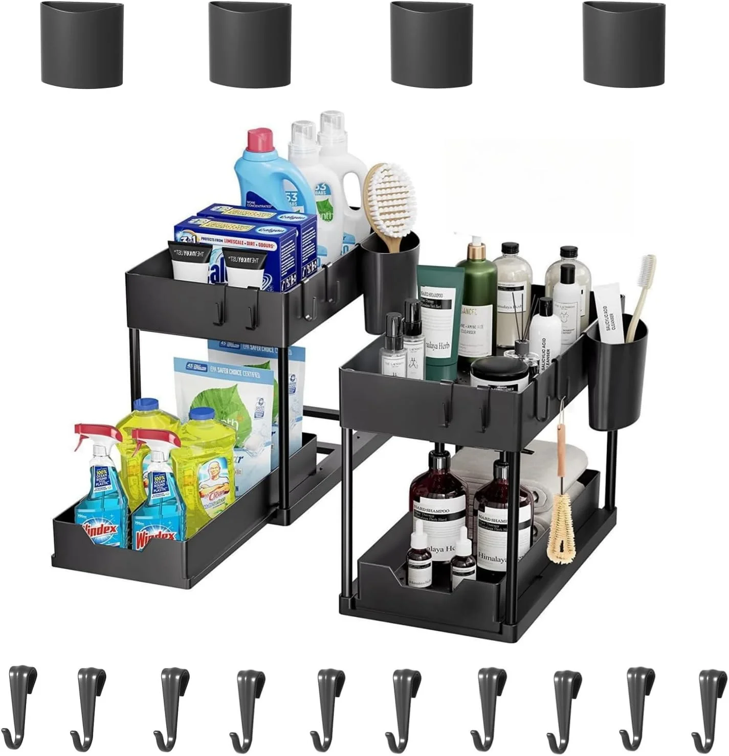 ارگانایزر زیر سینک 2 عددی - قفسه کشویی چند منظوره زیر سینک برای سازماندهی فضای آشپزخانه و حمام - مشکی