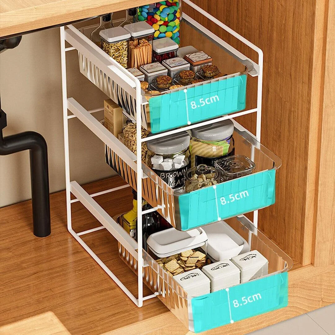 ارگانایزر زیر سینک 3 طبقه Cozy Nest با کشوهای ریلی، قفسه سبدی فلزی و مقاوم برای نگهداری ظروف ادویه، لوازم تمیز کننده حمام و آشپزخانه