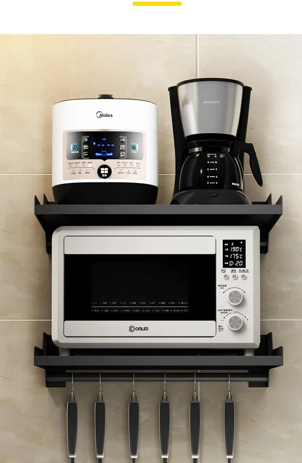 OrganizeMee قفسه دیواری فر مایکروویو از جنس آلیاژ فولاد، سازمان دهنده آشپزخانه، قفسه و استند برای نگهداری میز میکسر و آسیاب، مناسب برای سایز 17 تا 25 لیتر، عرض 55 سانتی متر به همراه قلاب (مشکی مات)