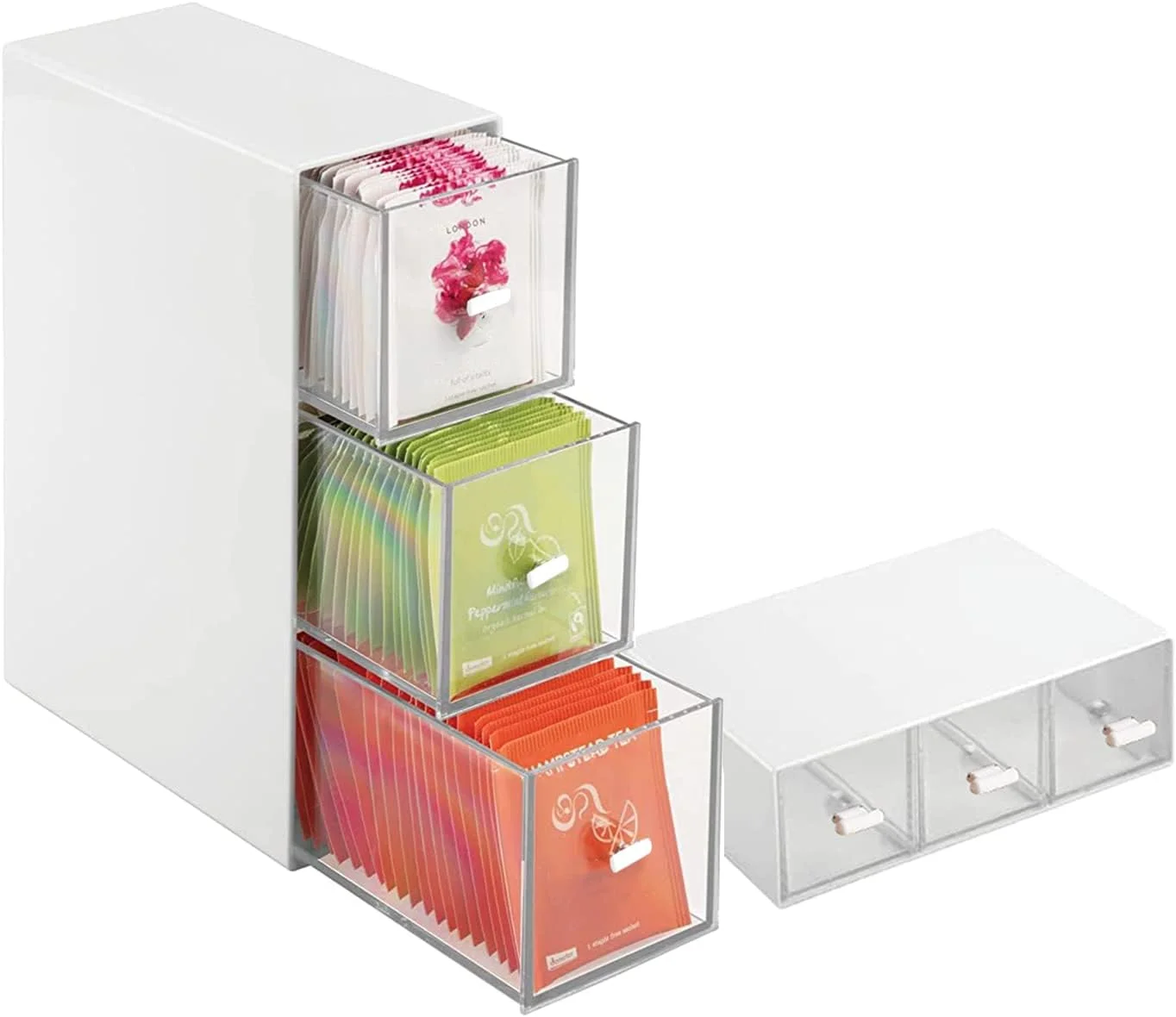 ارگانایزر آشپزخانه XongSyue با 3 کشو، جعبه های نگهداری چای، جعبه پلاستیکی، جعبه چای قابل چیدن، کشوهای شفاف، ارگانایزر لوازم آرایش، قفسه های نگهداری برای قهوه، چای، بسته های شکر