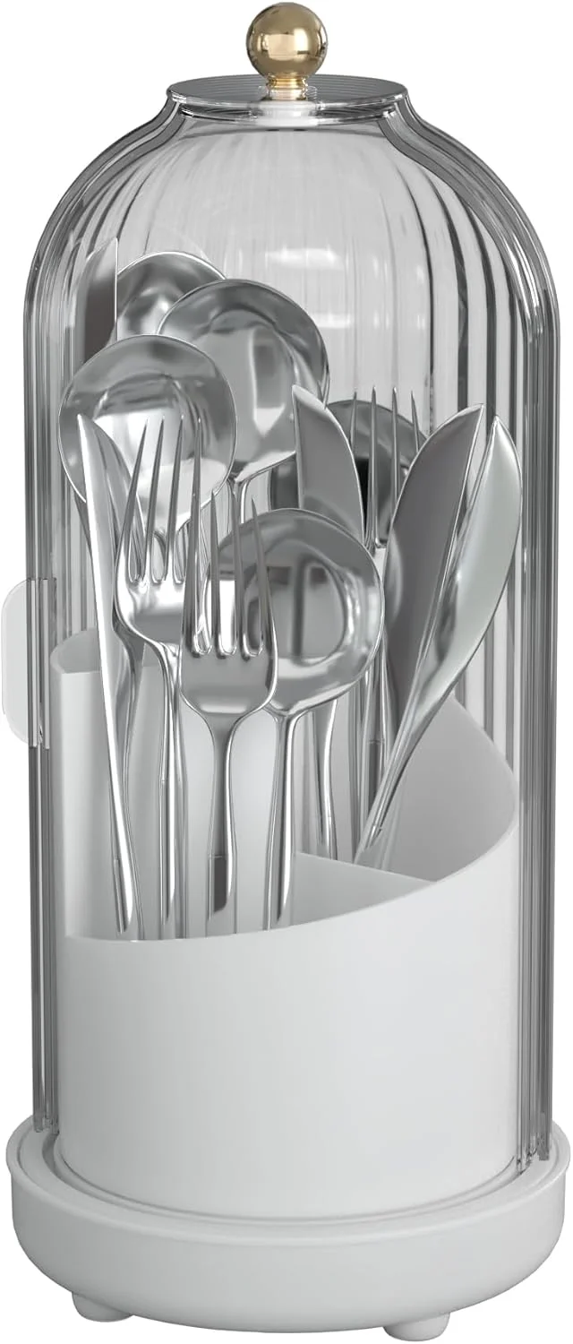 جا قاشقی چرخشی با درب، سازمان دهنده پلاستیکی کارد و چنگال برای کابینت آشپزخانه یا انبار - سبد سازمان دهنده برای چنگال، چاقو و قاشق. با درب. سفید