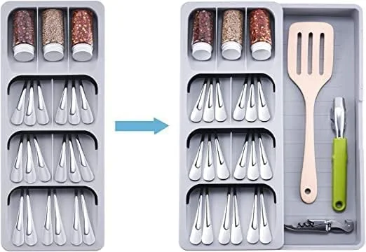 نظم دهنده کشو آشپزخانه AMERTEER | سینی لوازم جانبی قابل گسترش، ظروف تخت بدون BPA، نظم دهنده کارد و چنگال | فضای ذخیره سازی بزرگ قابل تنظیم برای چنگال، چاقو، قاشق | سینی پلاستیکی کارد و چنگال 8 طبقه (40.5x16.5x5.5cm)