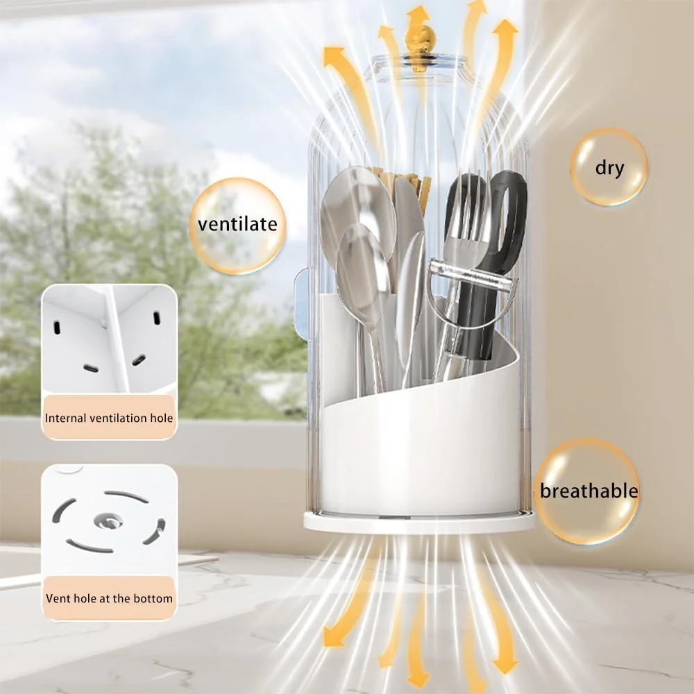 جا قاشقی چرخشی با درب، سازمان دهنده پلاستیکی کارد و چنگال برای کابینت آشپزخانه یا انبار - سبد سازمان دهنده برای چنگال، چاقو و قاشق. با درب. سفید