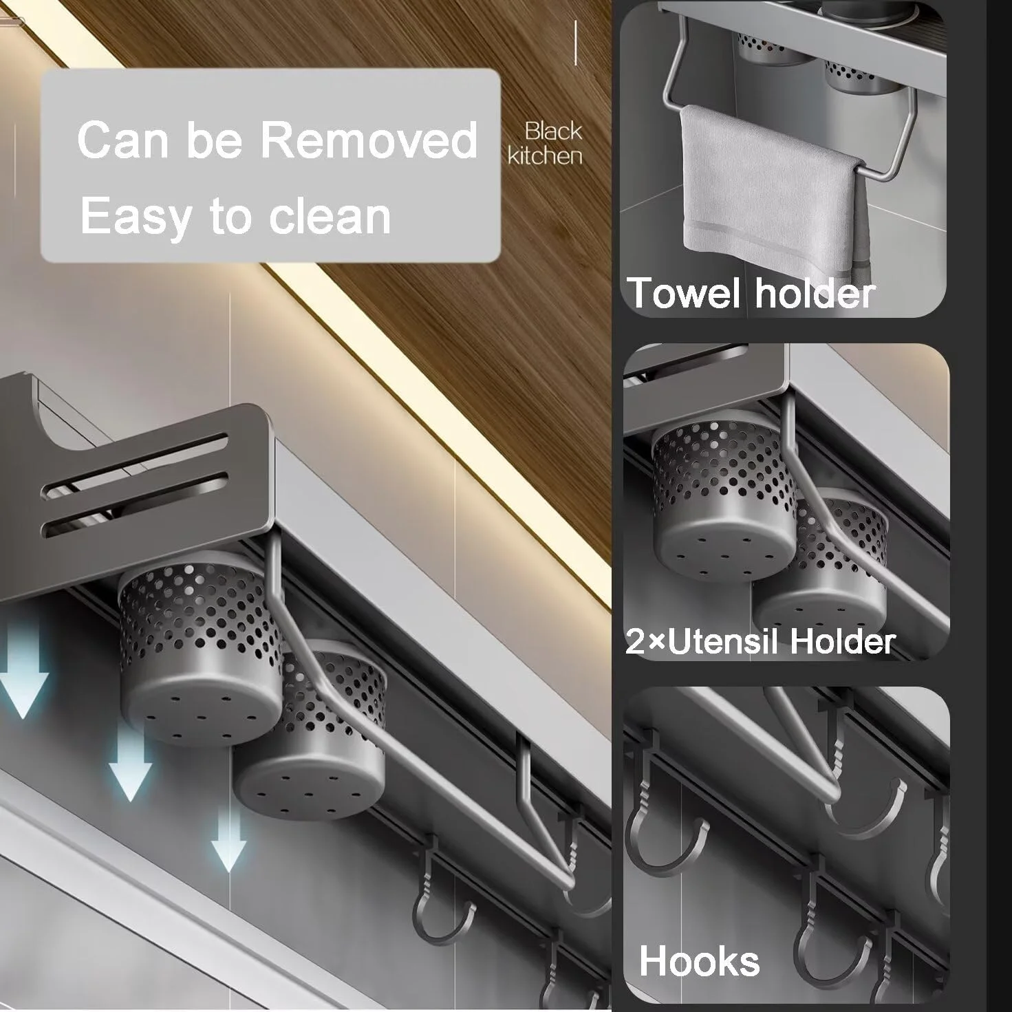 قفسه ادویه آویز دیواری، قفسه لوازم آشپزخانه، قفسه ادویه دیواری با قلاب، قفسه دیواری آویز برای کفگیر قاشق، سازمان دهنده شیشه چاشنی، مشکی