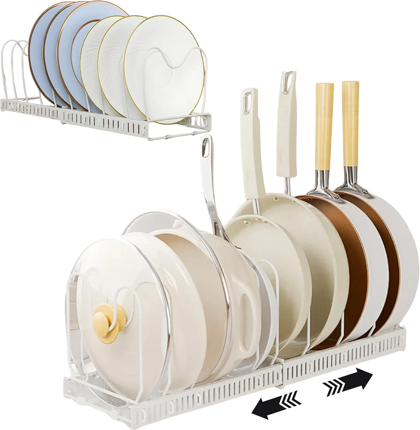 ارگانایزر بشقاب، قابلمه و تابه قابل گسترش Vine General Trading: نگهدارنده درب قابلمه و تابه قابل گسترش با 10 محفظه قابل تنظیم برای ظروف پخت و پز، لوازم شیرینی پزی، و قفسه بشقاب برای کابینت آشپزخانه