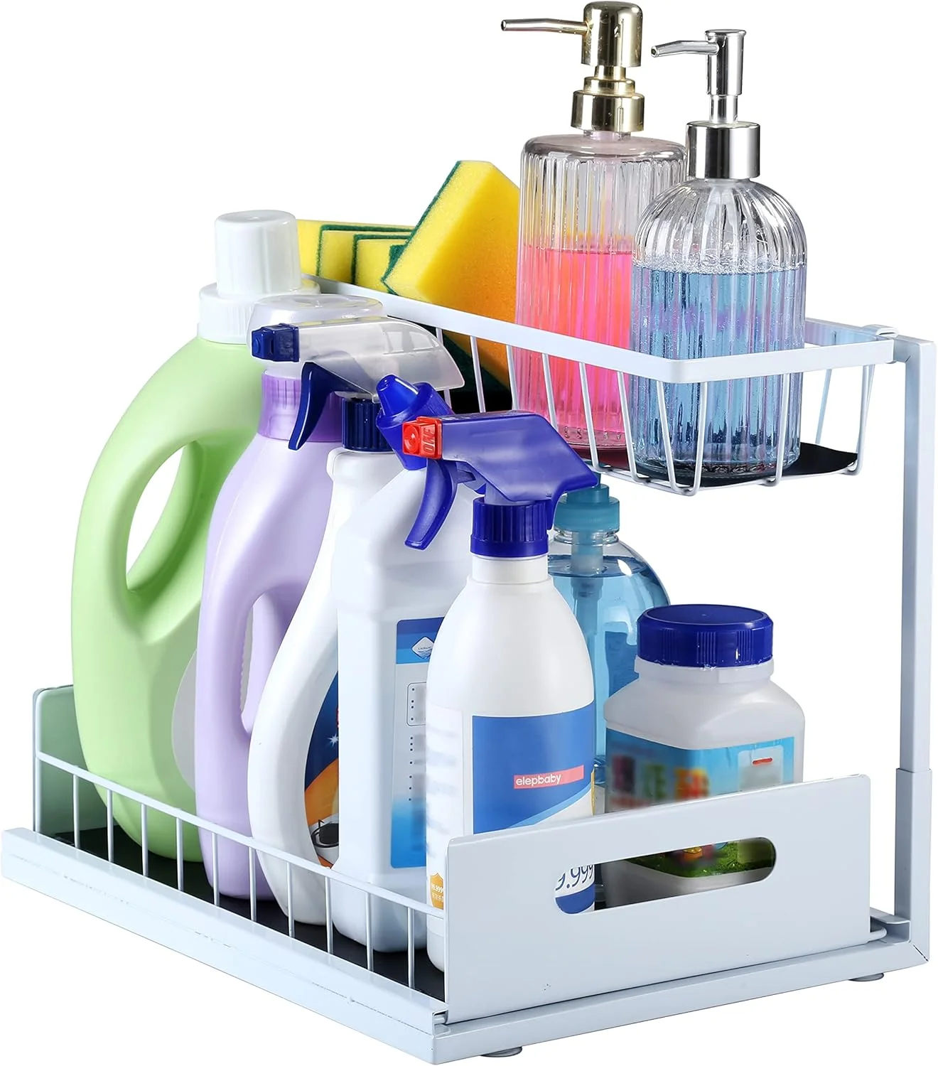 ارگانایزر زیر سینک SUTINE، ارگانایزر حمام 2 طبقه L شکل، قفسه ذخیره سازی ارگانایزر کابینت کشویی، ارگانایزر و ذخیره سازی چند منظوره زیر سینک برای حمام آشپزخانه (سفید)