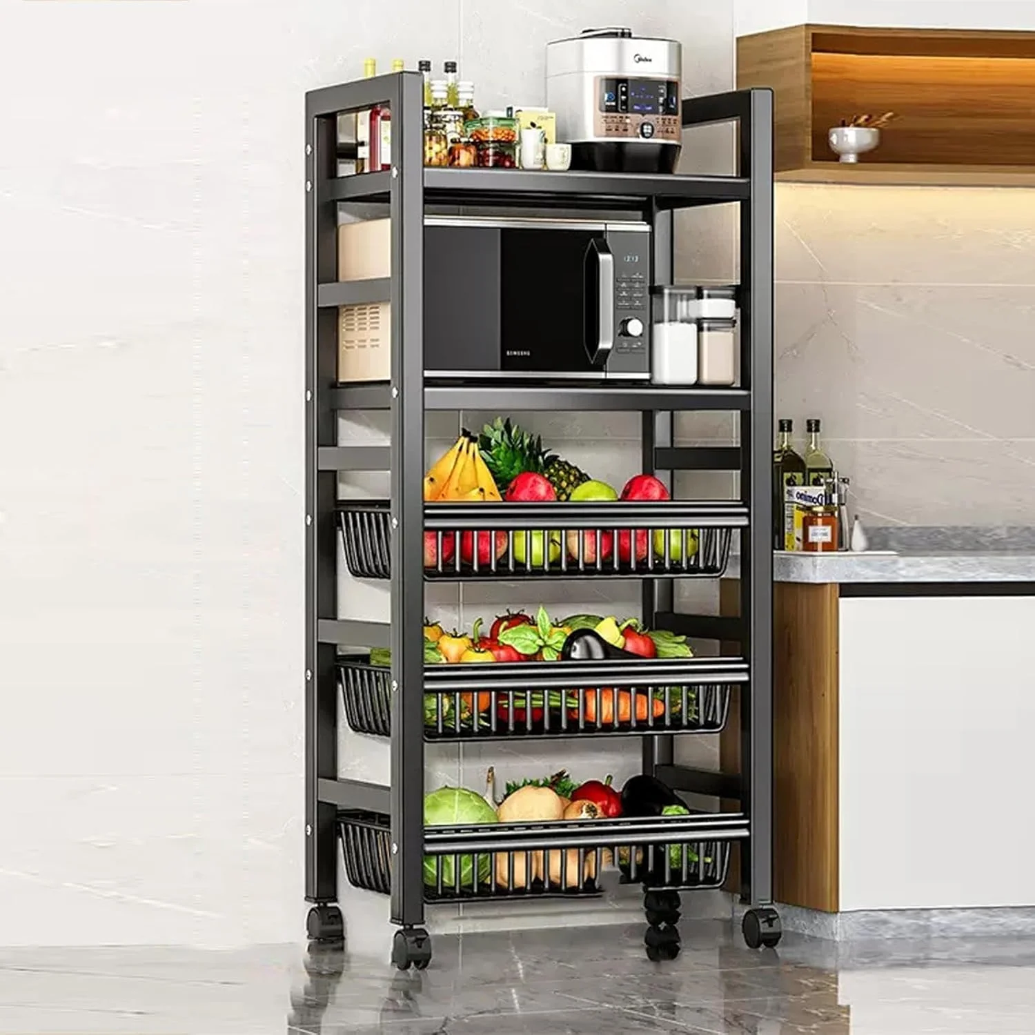 قفسه ذخیره سازی آشپزخانه Zucng، استند چرخ دار مایکروویو، واحد ذخیره سازی آشپزخانه، قفسه ذخیره سازی میوه و سبزیجات با سبد ذخیره سازی سیمی قابل جابجایی، قفسه ذخیره سازی کاربردی برای خانه و محل کار (5 طبقه)
