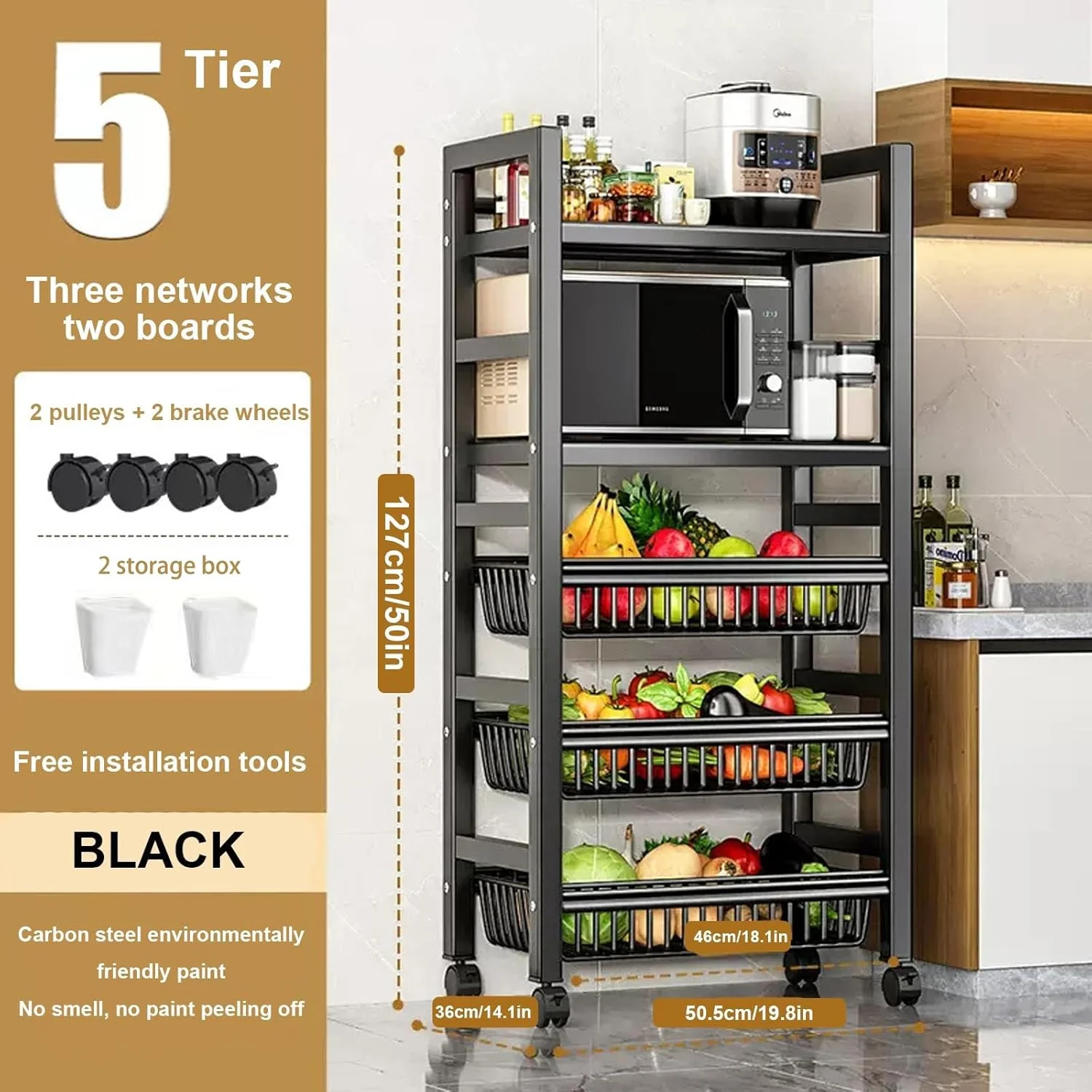 قفسه ذخیره سازی آشپزخانه Zucng، استند چرخ دار مایکروویو، واحد ذخیره سازی آشپزخانه، قفسه ذخیره سازی میوه و سبزیجات با سبد ذخیره سازی سیمی قابل جابجایی، قفسه ذخیره سازی کاربردی برای خانه و محل کار (5 طبقه)